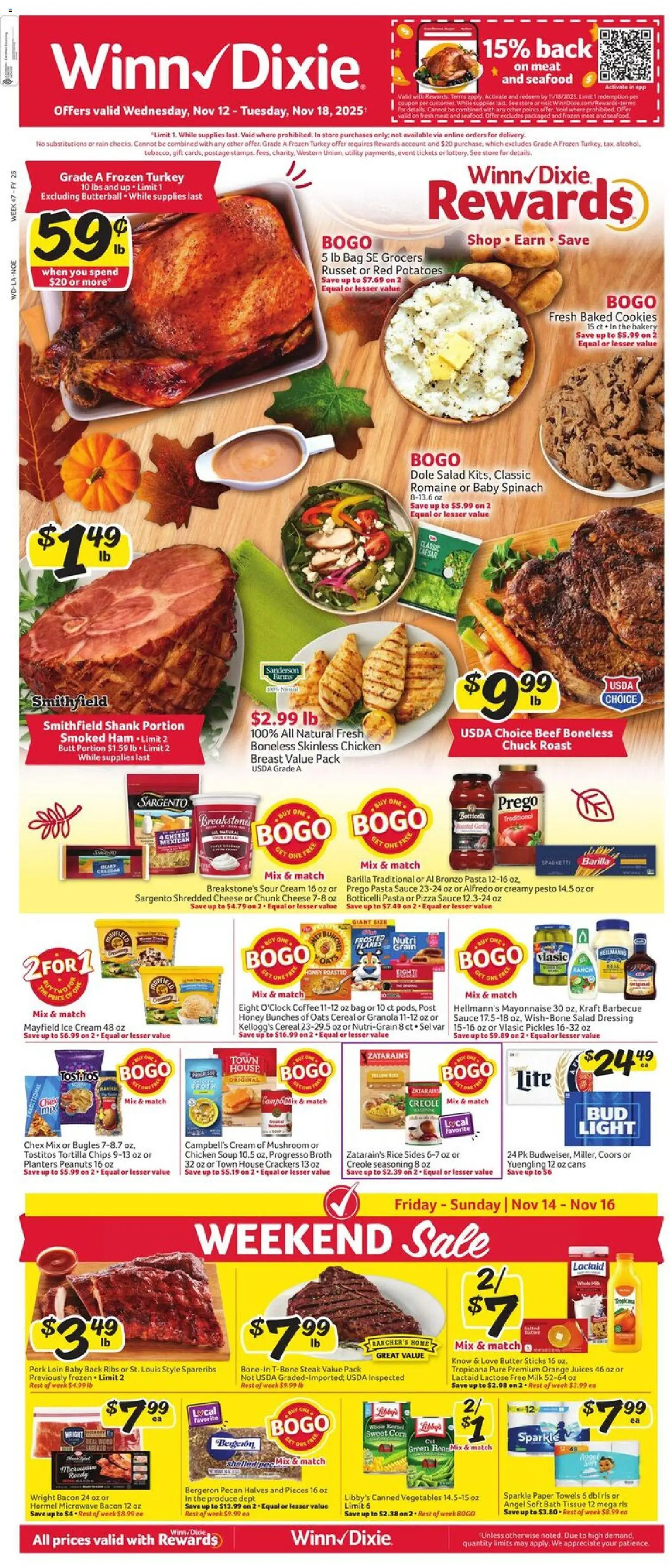 Winn Dixie Weekly Ad - valid from 12.11.2025 | Page: 1 | Products: Spinach, Rice, Cream, Flakes