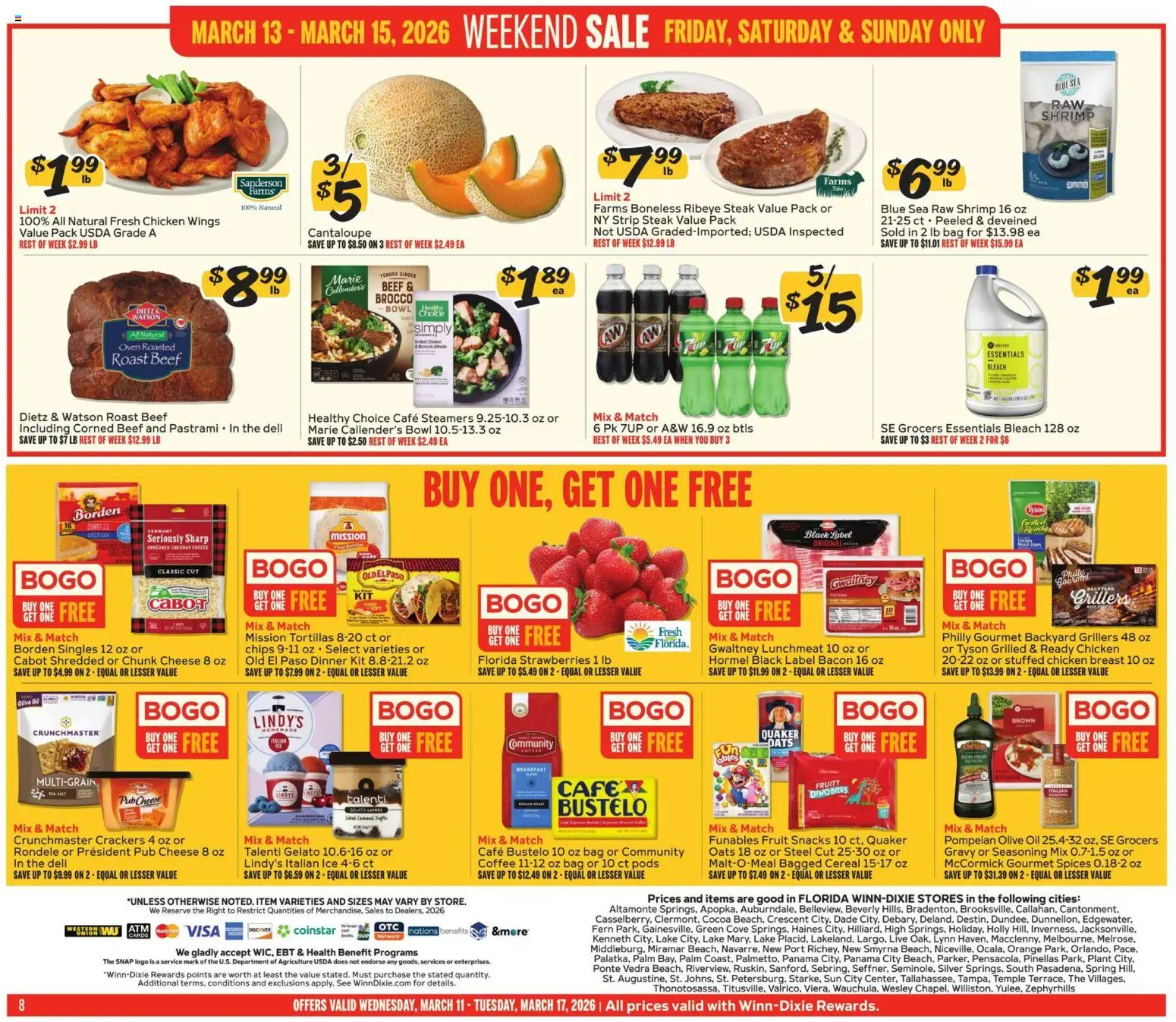 Winn Dixie Weekly Ad - valid from 11.03.2026 | Page: 8 | Products: Cheese, Coffee, Beef, Chips
