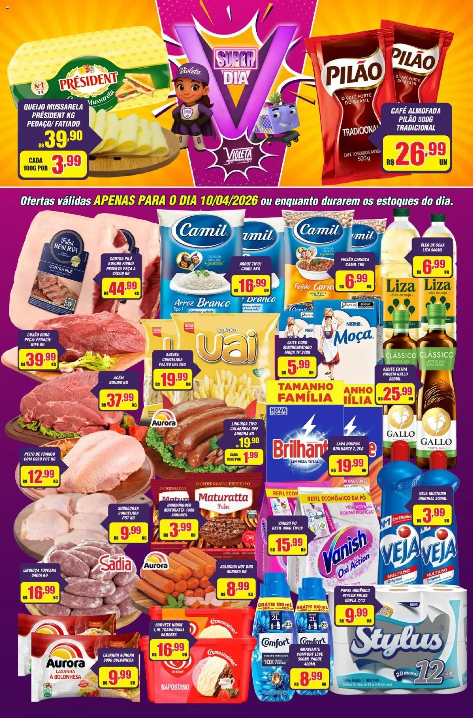 Violeta Supermercados Folheto - válido de 10.04.2026 | Página: 1 | Produtos: Feijão, Acém, Sorvete, Frango