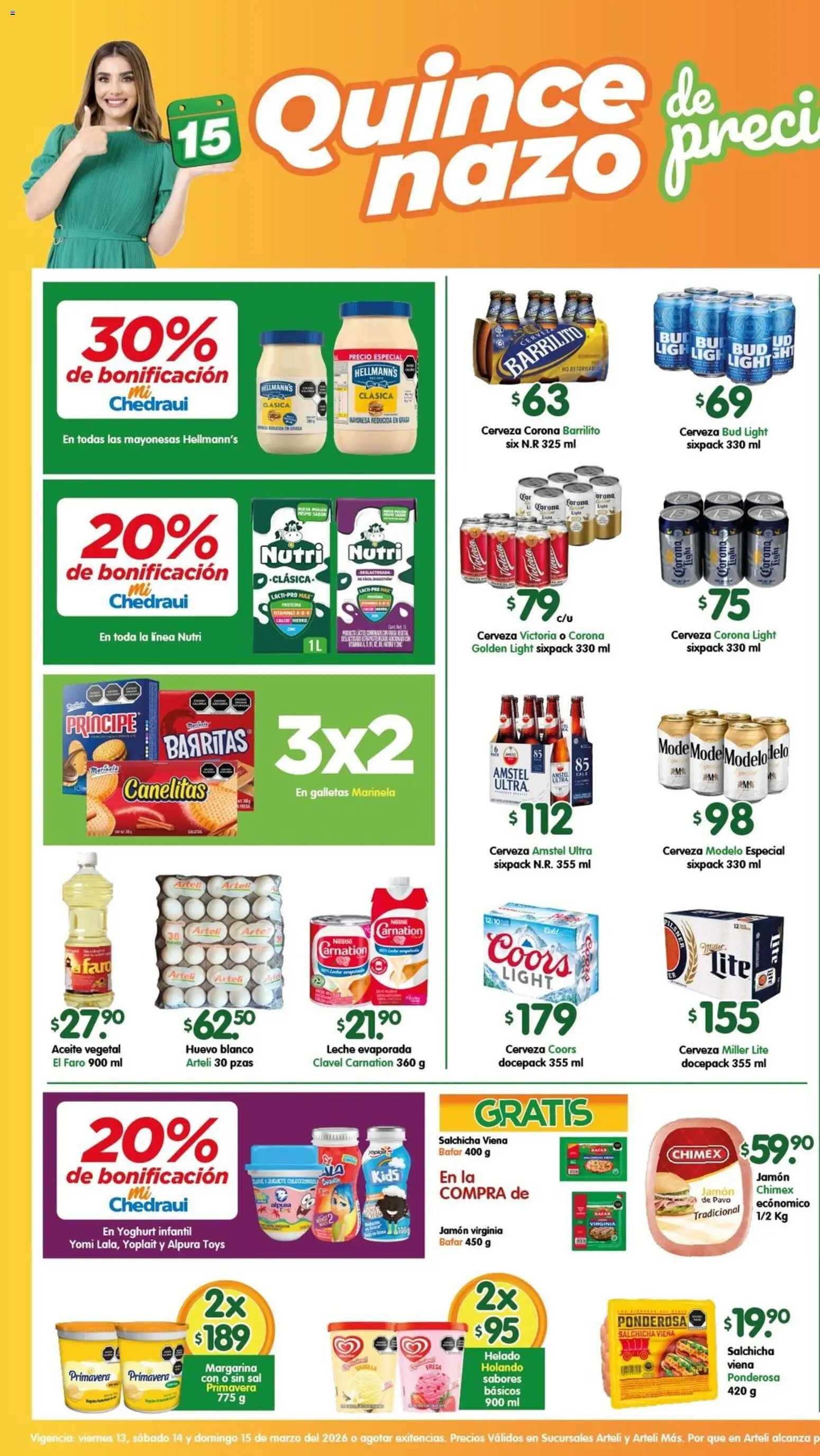 Nuevas ofertas de Arteli válidas en toda la República Mexicana desde el 13.03.2026. ¡Encuentra las mejores ofertas en Arteli folleto! | Página: 1 | Productos: Salchicha, Jamón, Cerveza, Margarina