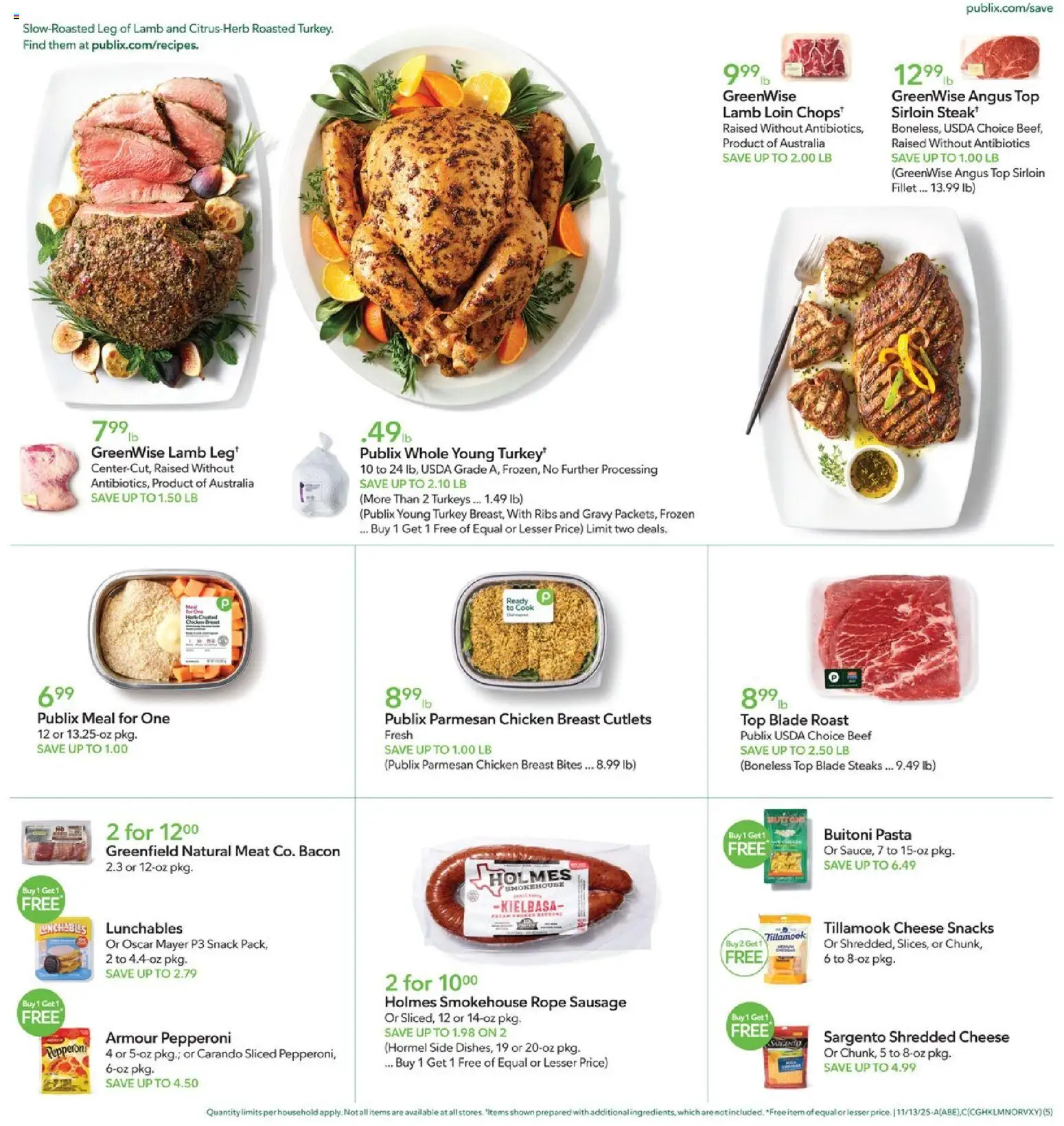 Publix Weekly Ad - valid from 12.11.2025 | Page: 5 | Products: Cheese, Beef, Pasta, Sausage
