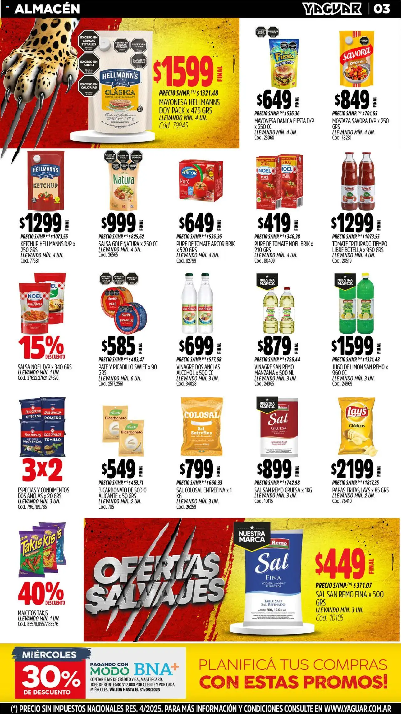 Yaguar - Trelew │ válido desde el 11.08.2025 | Página: 3 | Productos: Sal, Salsa Golf, Pure de Tomate, Papas fritas