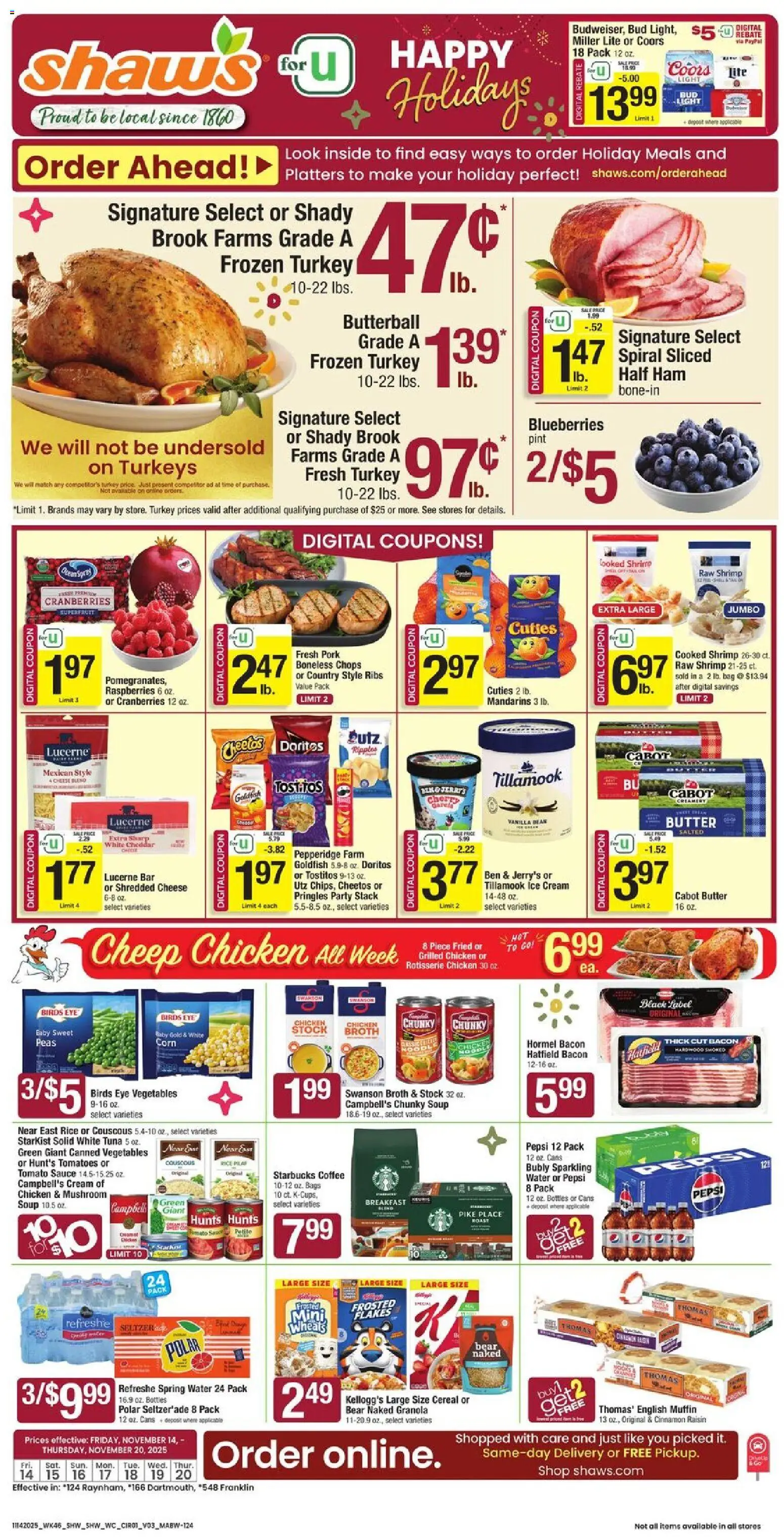 Shaw's Weekly Ad - MA - valid from 14.11.2025 | Page: 1 | Products: Mandarins, Ham, Ice cream, Sauce