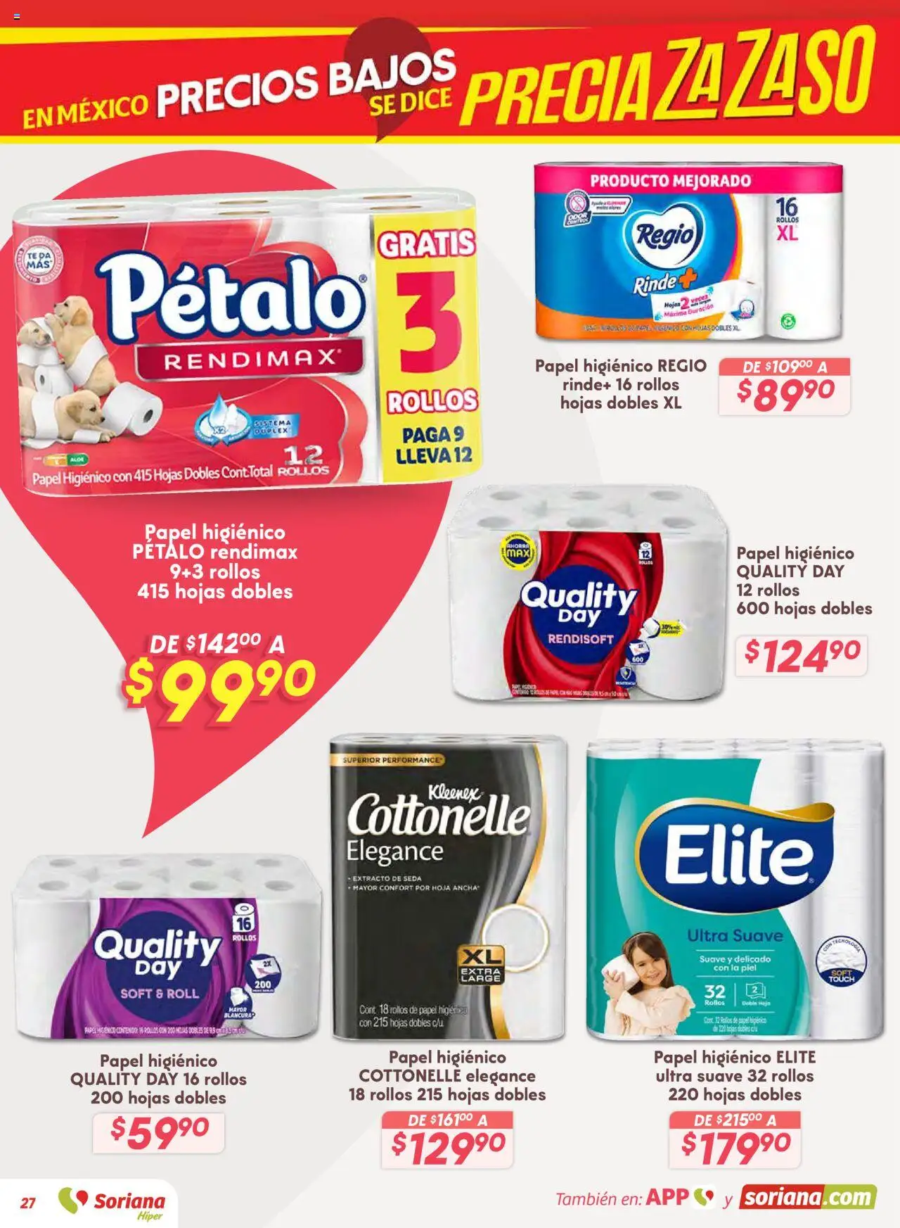 Nuevas ofertas de Soriana válidas en toda la República Mexicana desde el 14.08.2025. ¡Encuentra las mejores ofertas en Soriana - Preciazazaso Híper: Valle de México! | Página: 27 | Productos: Papel higiénico, Té