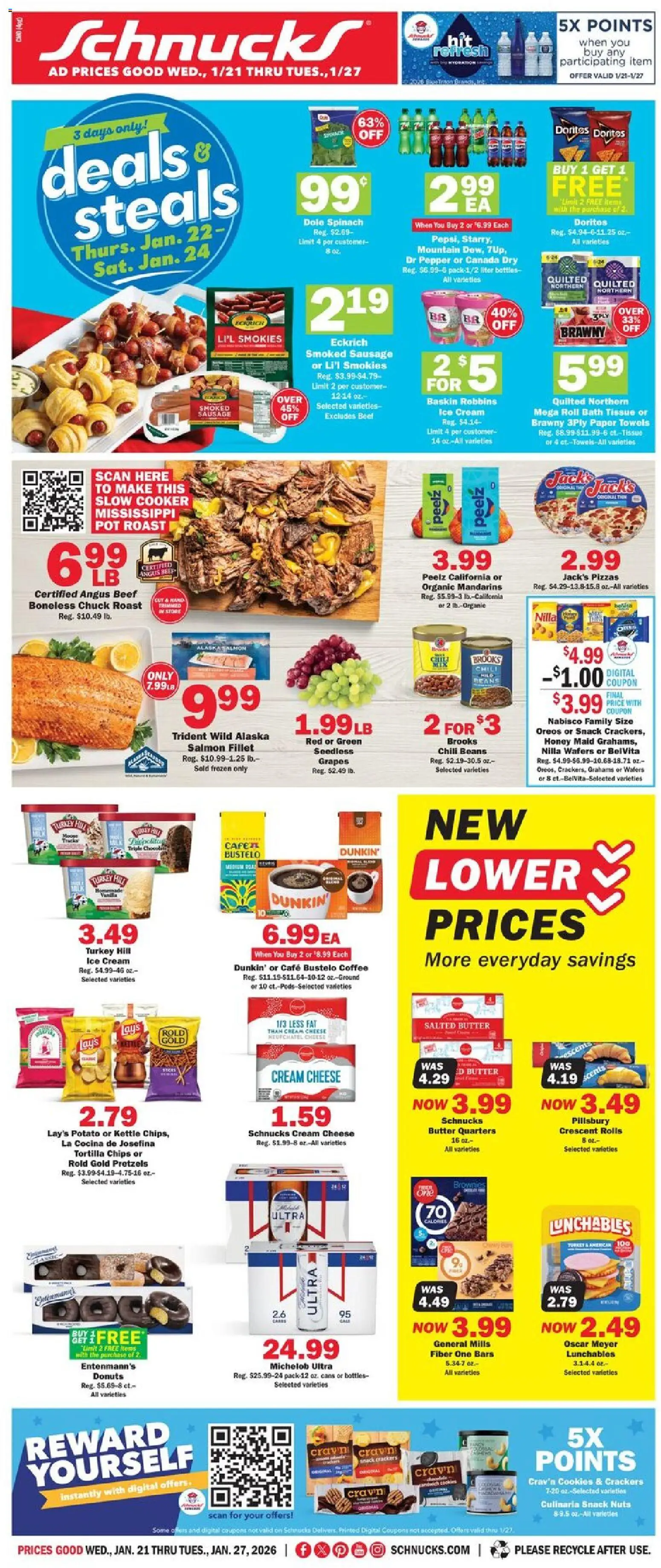 Schnucks Weekly Ad - valid from 21.01.2026 | Page: 1 | Products: Spinach, Cheese, Beef, Ice cream