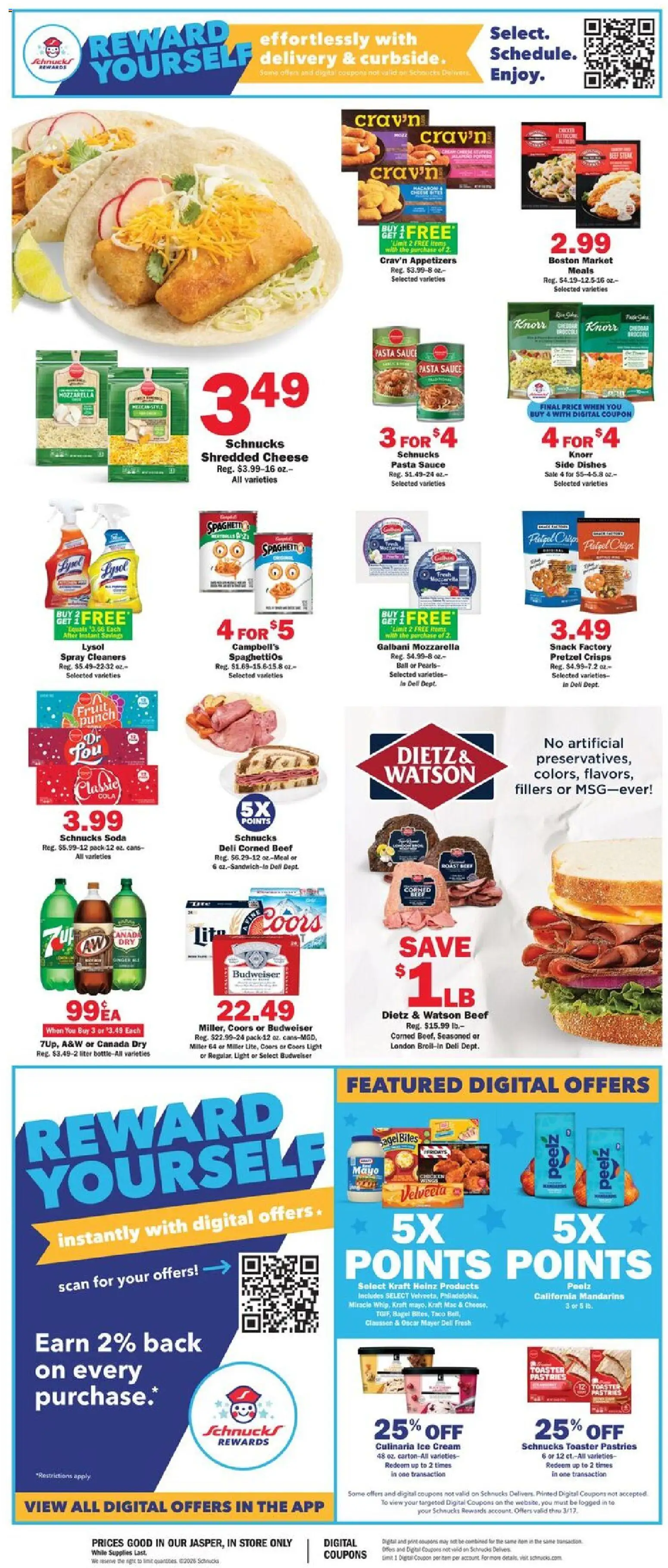 Schnucks Ad - valid from 11.03.2026 | Page: 2 | Products: Toaster, Cheese, Ice cream, Sauce