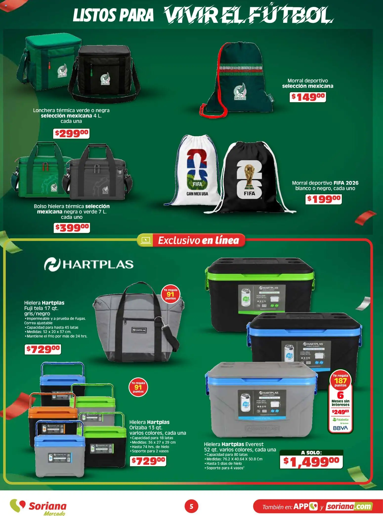Nuevas ofertas de Soriana válidas en toda la República Mexicana desde el 26.03.2026. ¡Encuentra las mejores ofertas en Soriana En México apoyamos con todo Mercado Nacional! | Página: 5 | Productos: Bolso, Hielera, Té, Morral