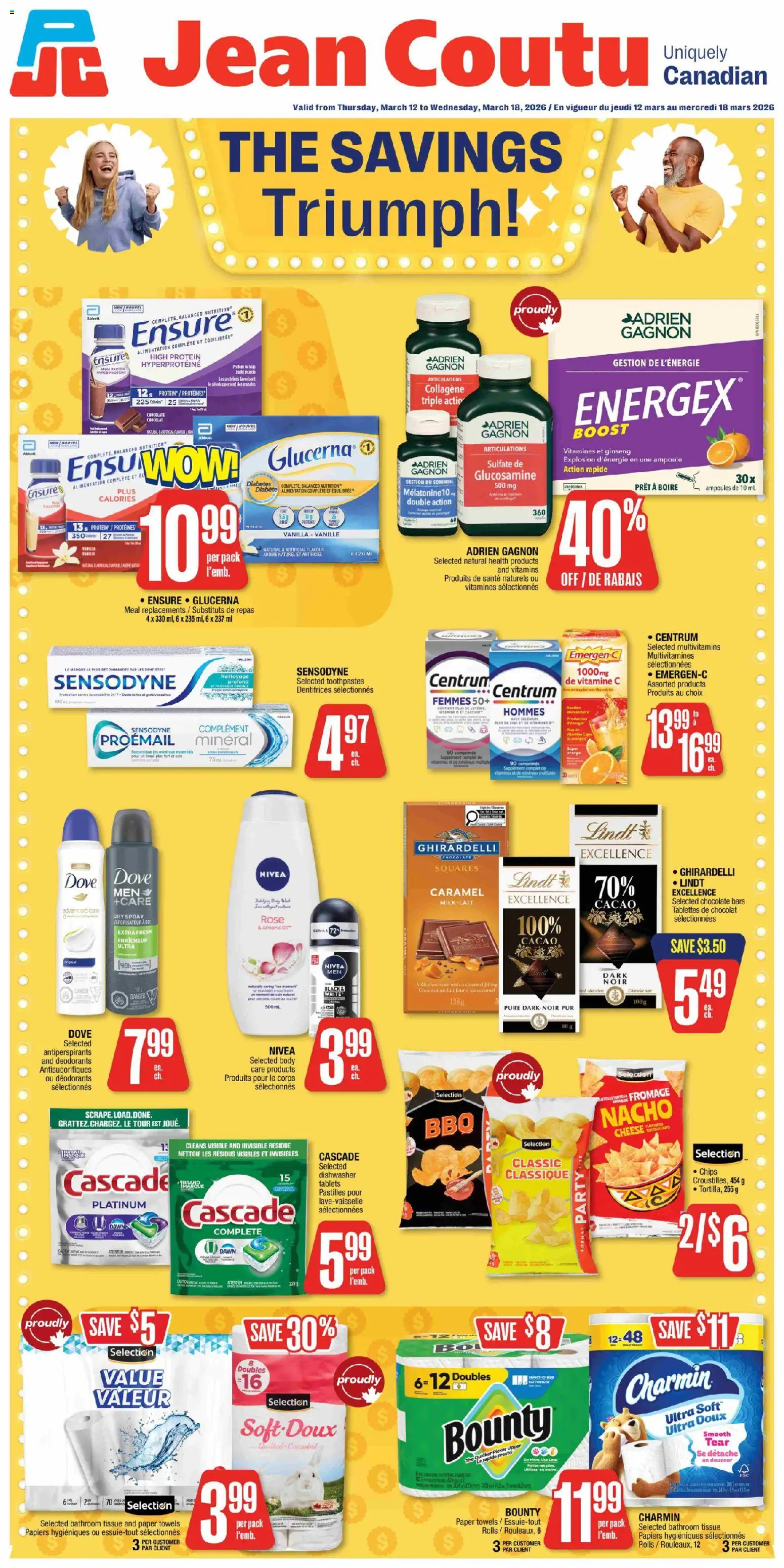 Jean Coutu flyer valid from 12.03.2026 | Page: 1 | Products: Dishwasher, Milk, Cheese, Chocolate