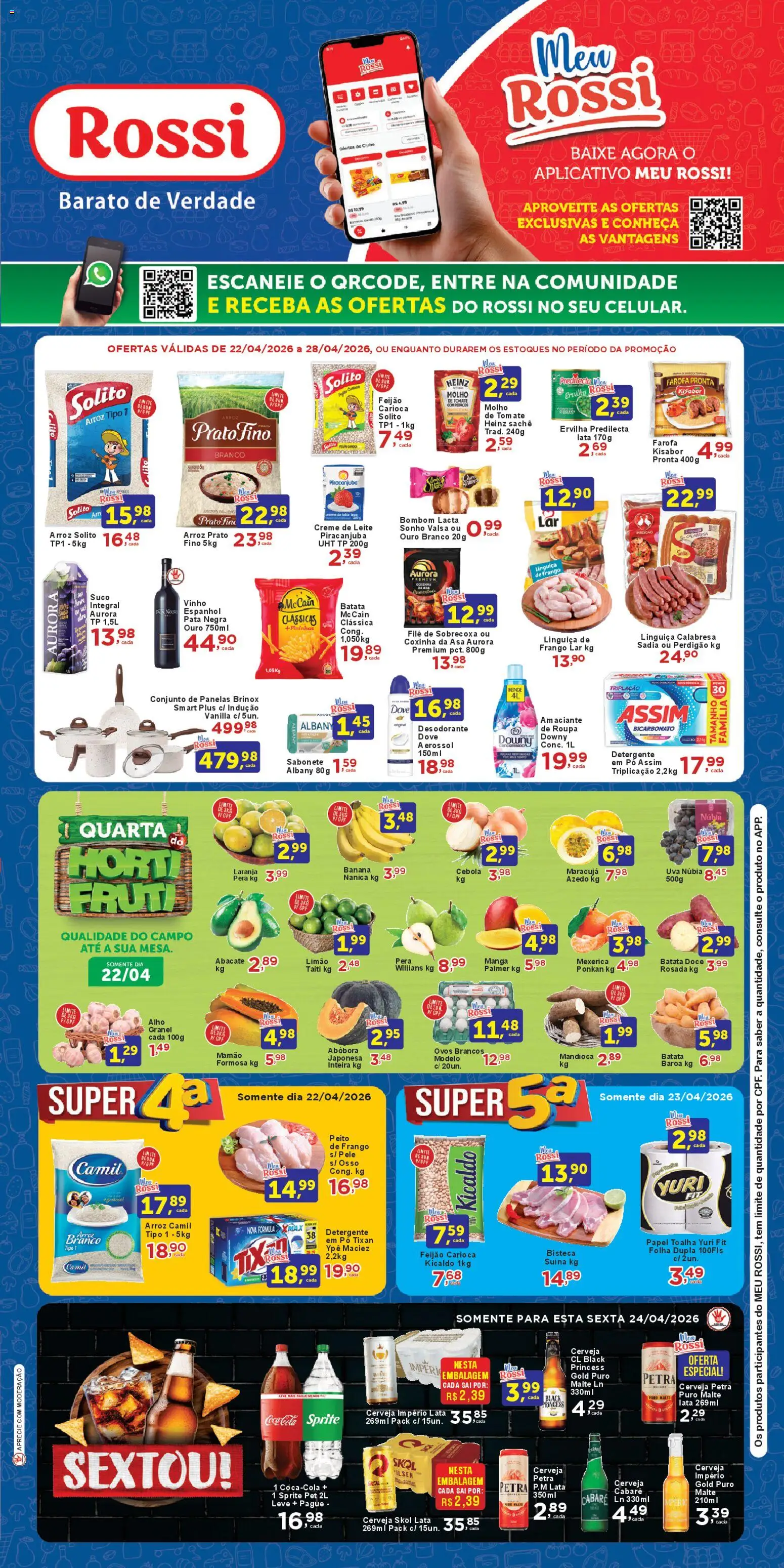 Rossi Supermercados Folheto - válido de 22.04.2026 | Página: 1 | Produtos: Mandioca, Detergente, Ovos, Vinho
