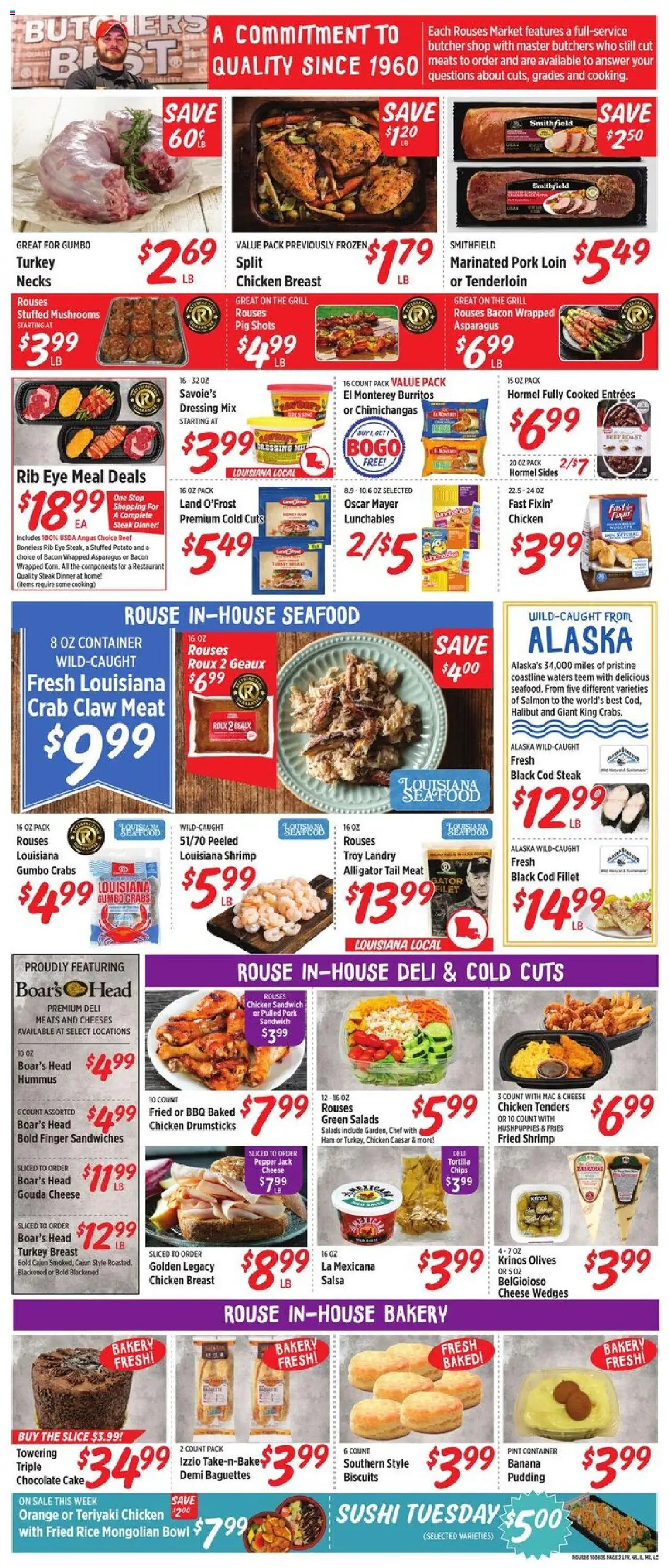 Rouses Weekly Ad - MS - valid from 08.10.2025 | Page: 4 | Products: Bakery, Chocolate, Pork, Rice
