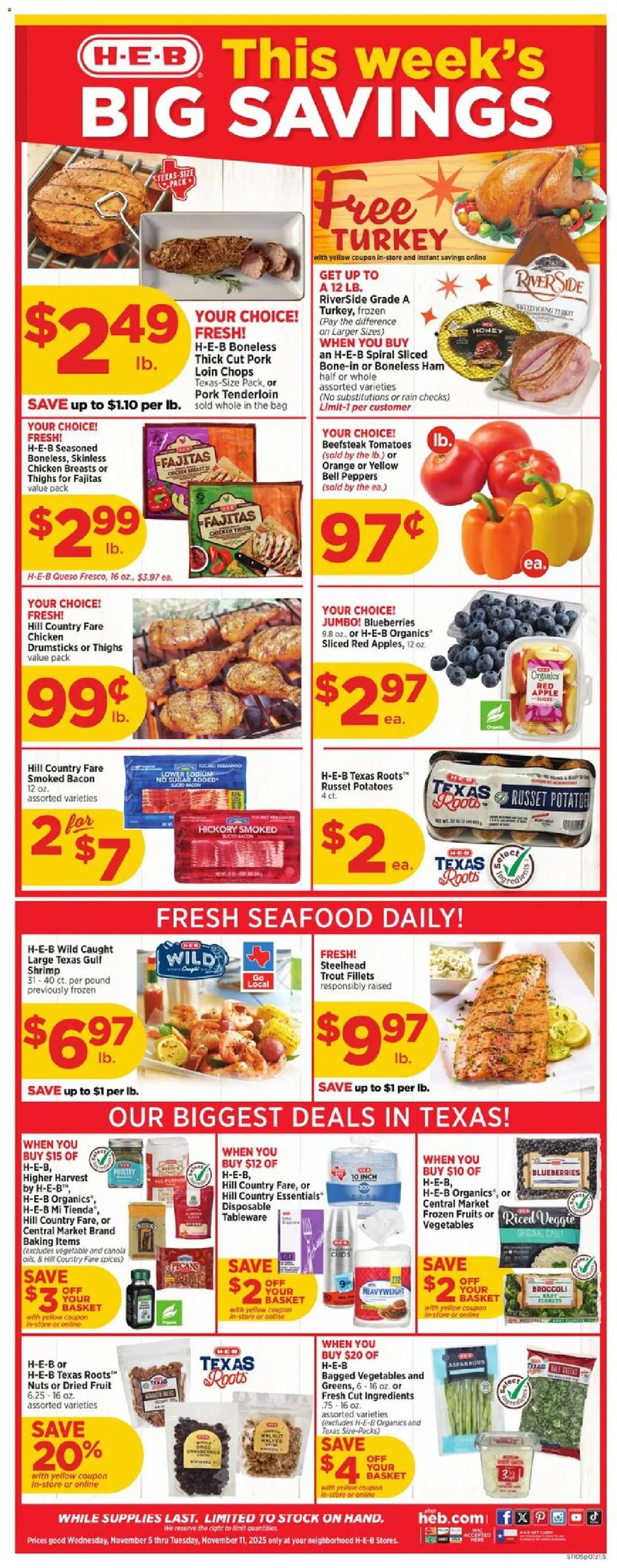 H-E-B Weekly Ad - valid from 05.11.2025 | Page: 1 | Products: Broccoli, Peppers, Basket, Seafood