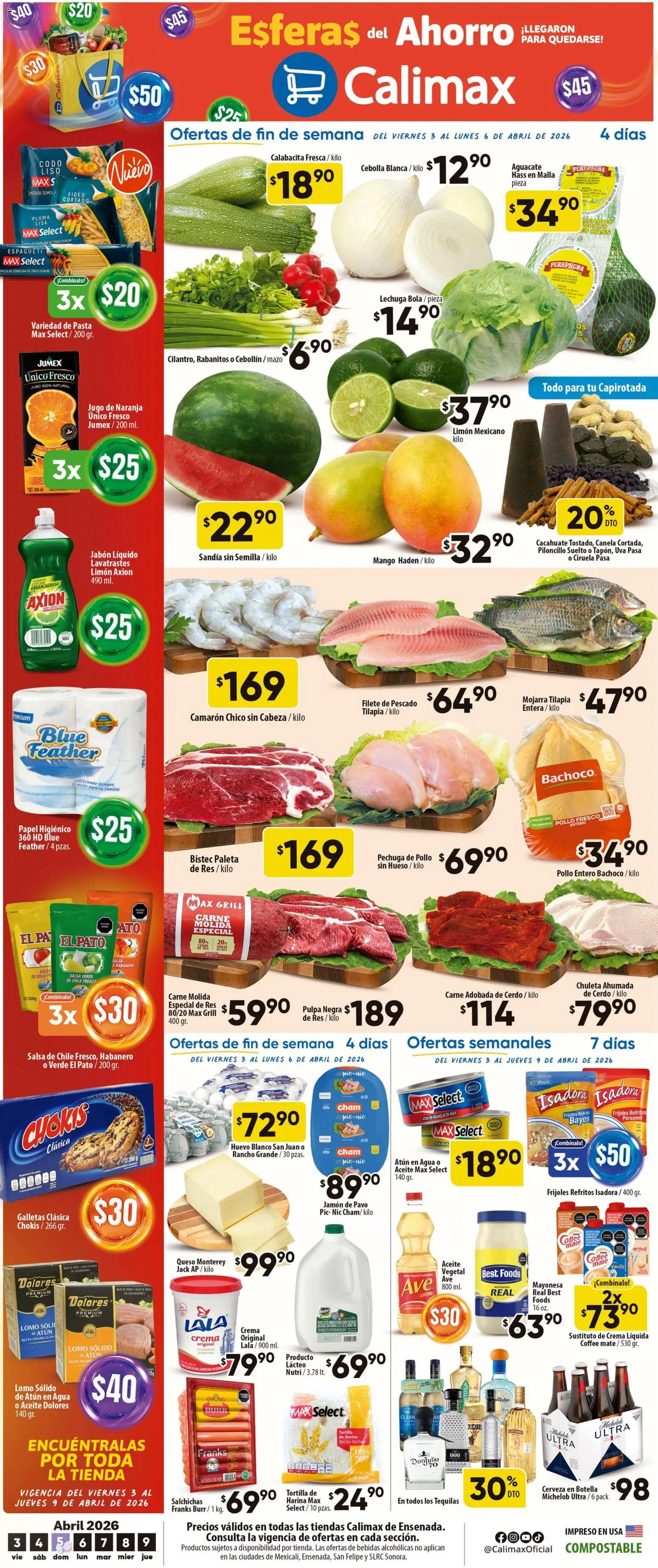 Nuevas ofertas de Calimax válidas en toda la República Mexicana desde el 03.04.2026. ¡Encuentra las mejores ofertas en Calimax folleto Ensenada! | Página: 1 | Productos: Crema, Queso, Cerdo, Pasta