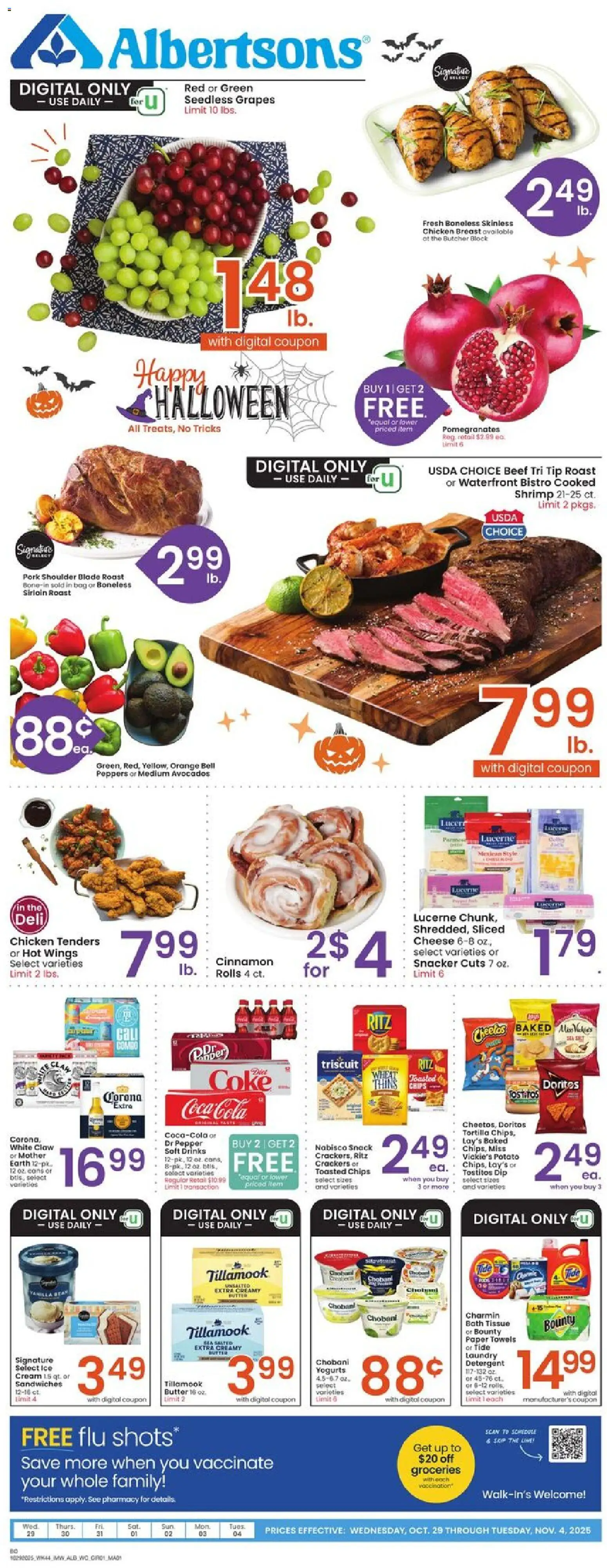Albertsons Weekly Ad - valid from 29.10.2025 | Page: 1 | Products: Beef, Detergent, Cream, Bag