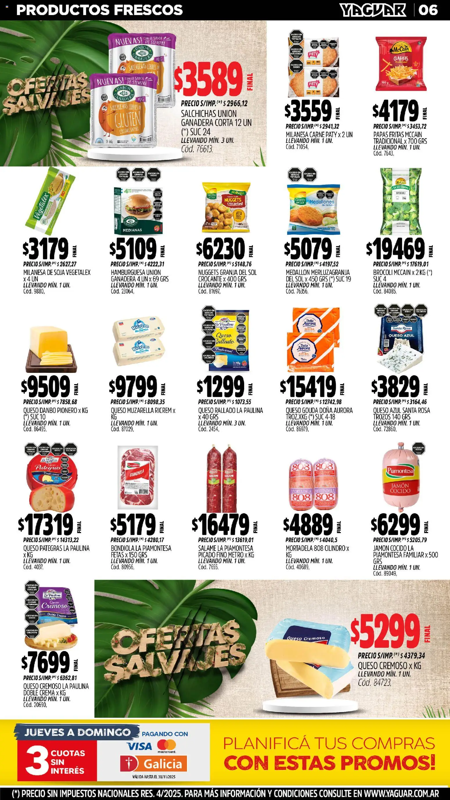 Yaguar - Trelew │ válido desde el 03.11.2025 | Página: 6 | Productos: Milanesa, Jamón cocido, Salame, Papas fritas