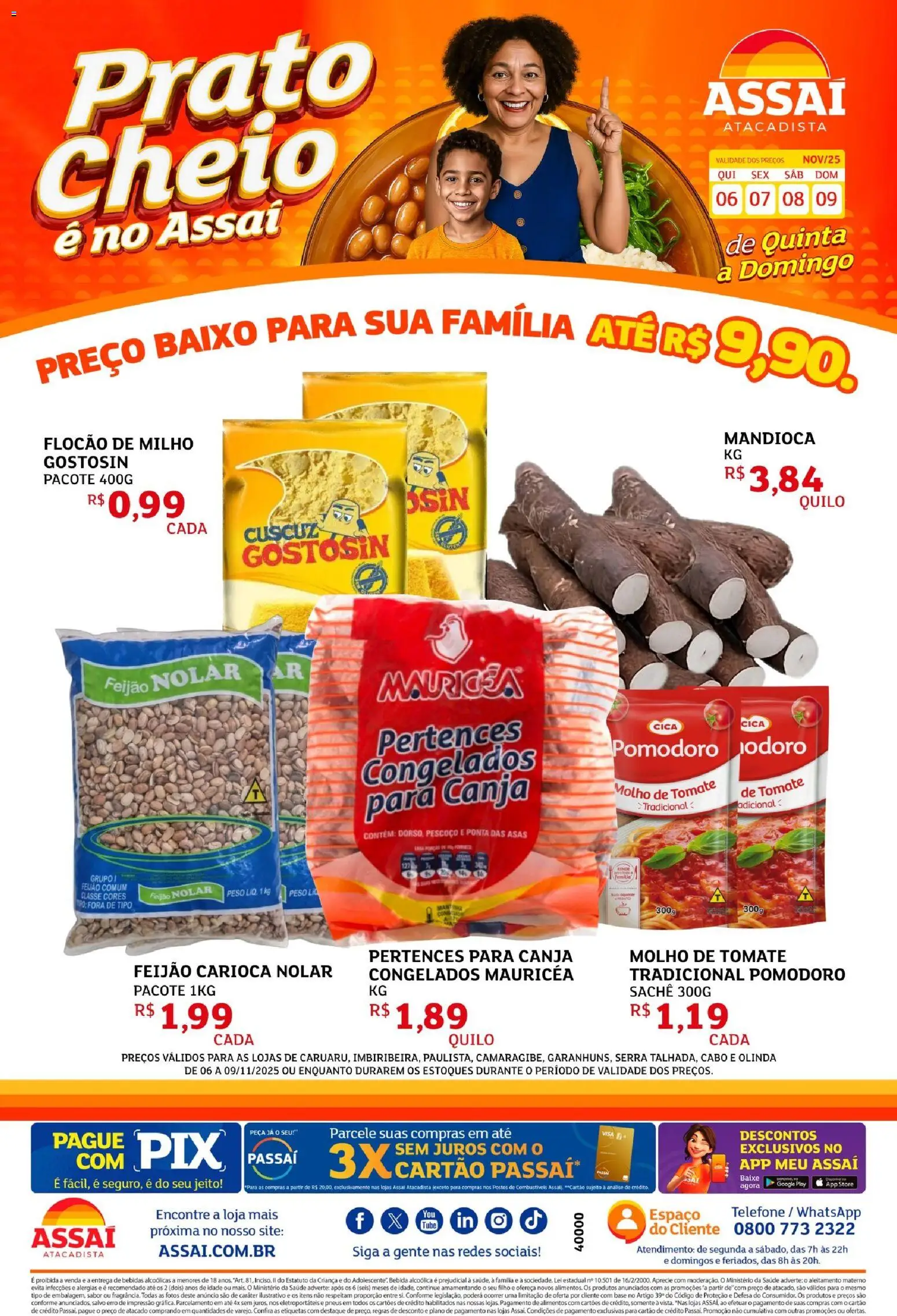 Assaí Atacadista Folheto - válido de 06.11.2025 | Página: 1 | Produtos: Mandioca, Pneus, Base, Telefone