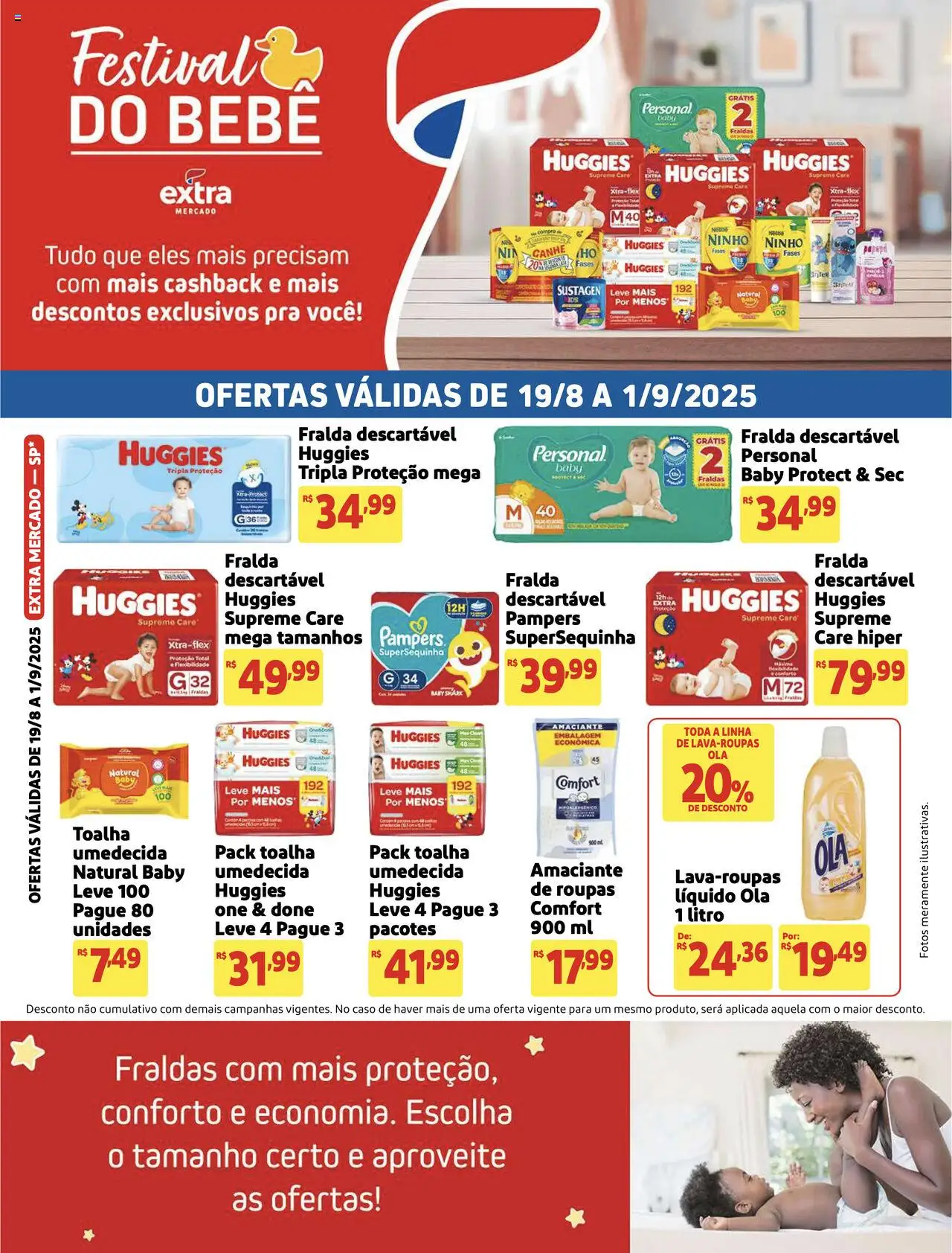 Extra Folheto - válido de 19.08.2025 | Página: 1 | Produtos: Pampers, Fralda descartável huggies, Roupas, Amaciante