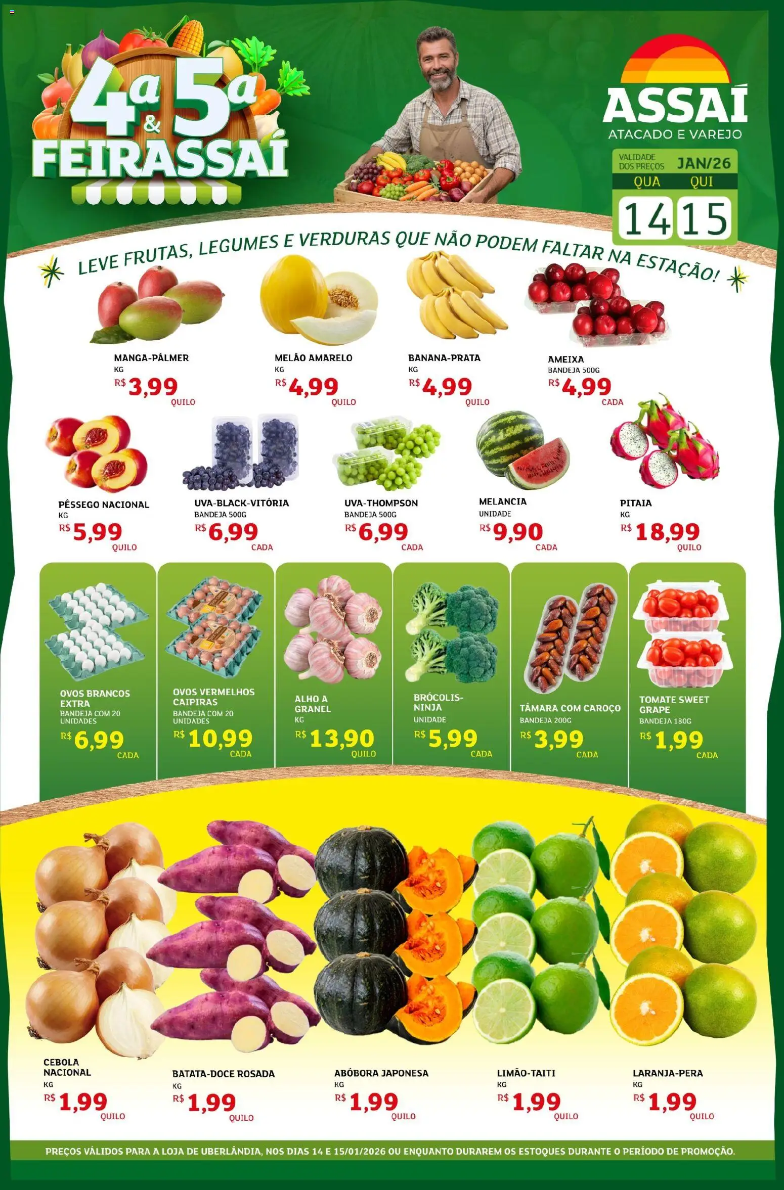 Assaí Atacadista Folheto - válido de 14.01.2026 | Página: 1 | Produtos: Abóbora, Cebola, Bandeja, Brócolis