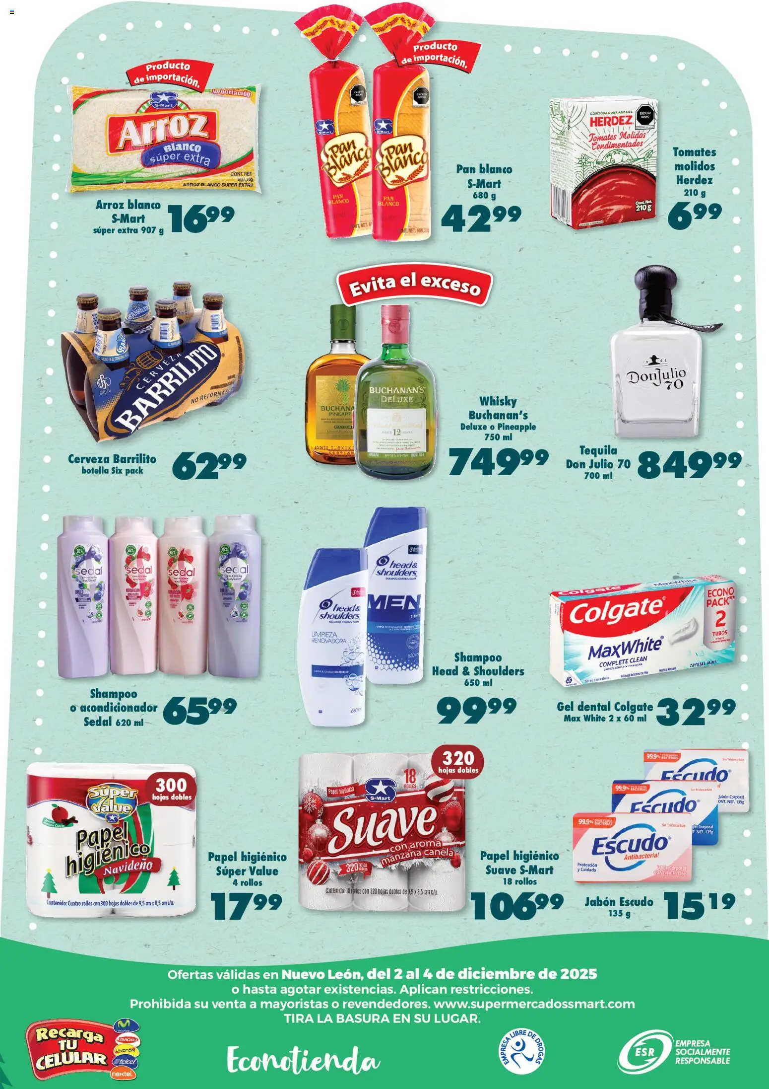 Nuevas ofertas de S-Mart válidas en toda la República Mexicana desde el 09.12.2025. ¡Encuentra las mejores ofertas en S-Mart folleto Monterrey! | Página: 6 | Productos: Arroz, Papel higiénico, Whisky, Jabón