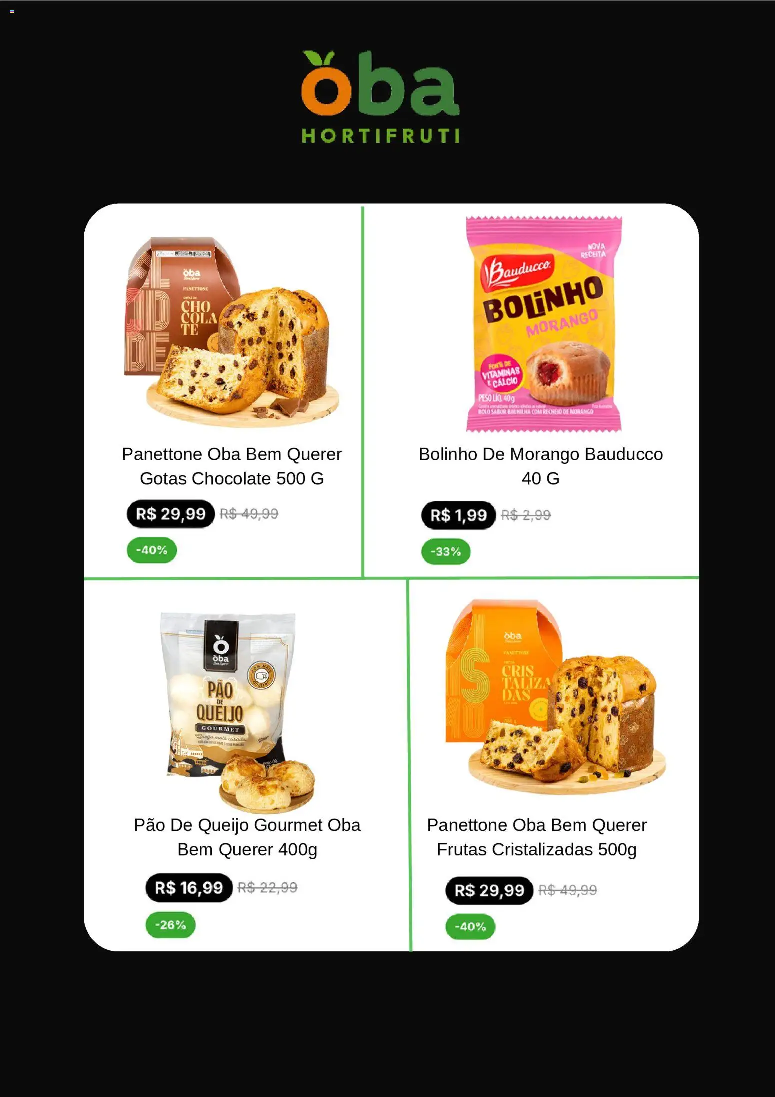 Oba Hortifruti Folheto - válido de 28.11.2025 | Página: 2 | Produtos: Pão, Bolo, Pão de queijo, Frutas cristalizadas