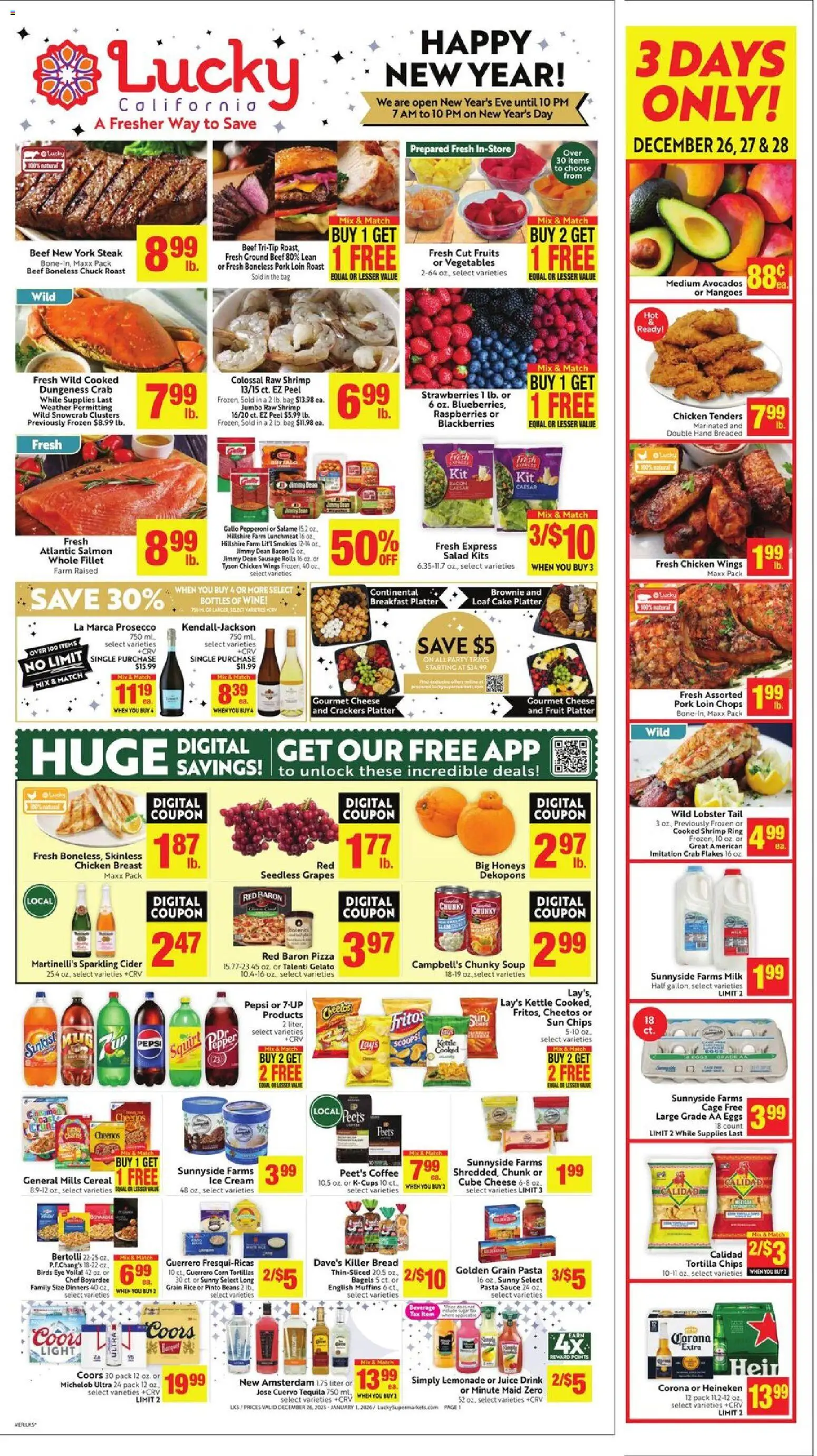 Lucky Supermarkets Weekly - CA - valid from 26.12.2025 | Page: 1 | Products: Bread, Wine, Cream, Fruits