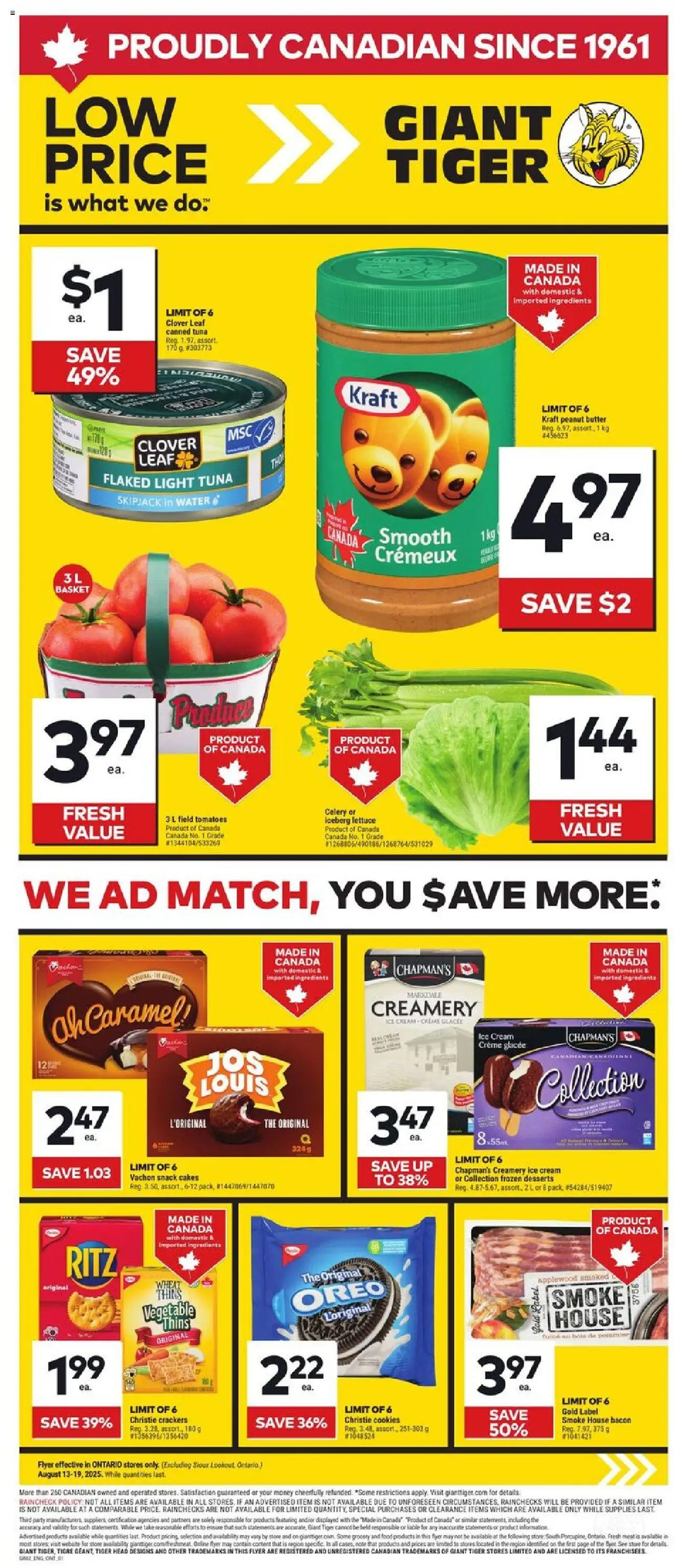 Giant Tiger flyer valid from 13.08.2025 | Page: 1 | Products: Cream, Ice cream, Butter, Tomatoes