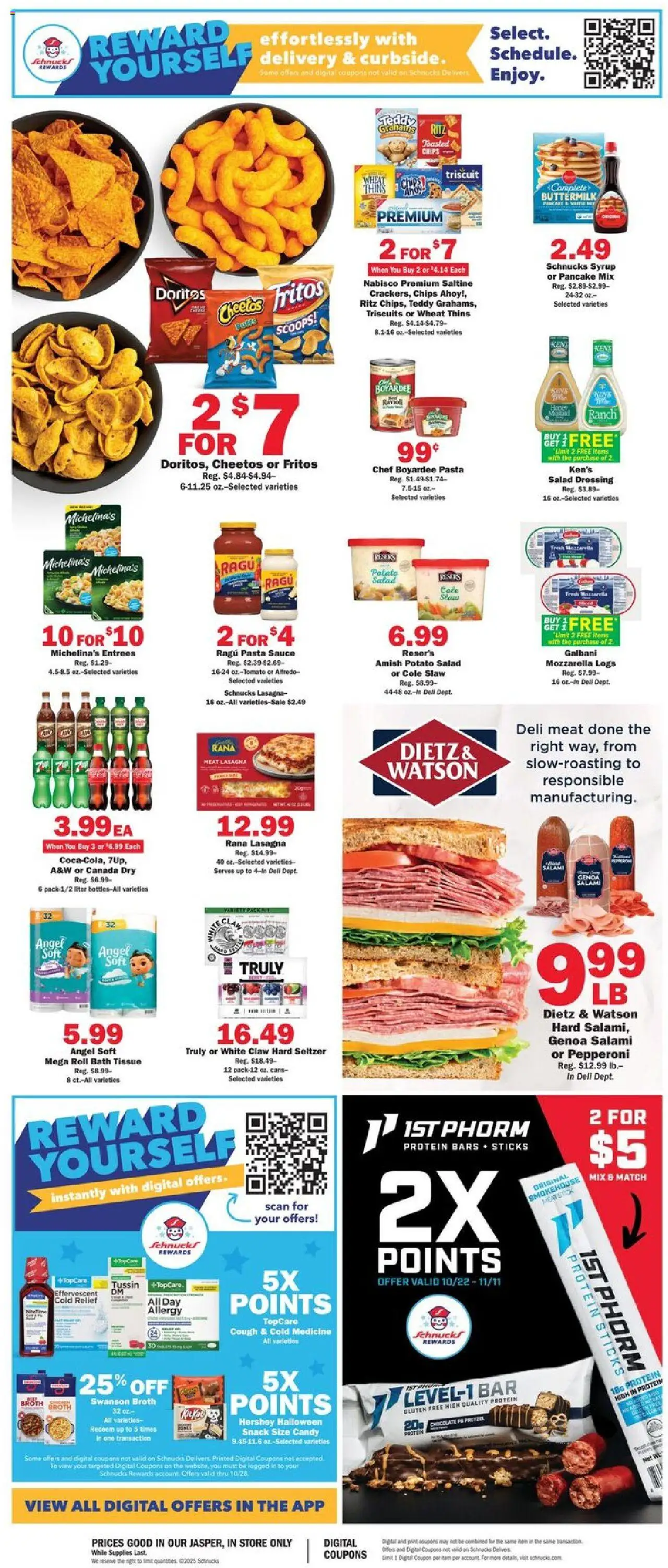 Schnucks Weekly Print Ad - IN - valid from 22.10.2025 | Page: 2 | Products: Chocolate, Salami, Pasta, Chips