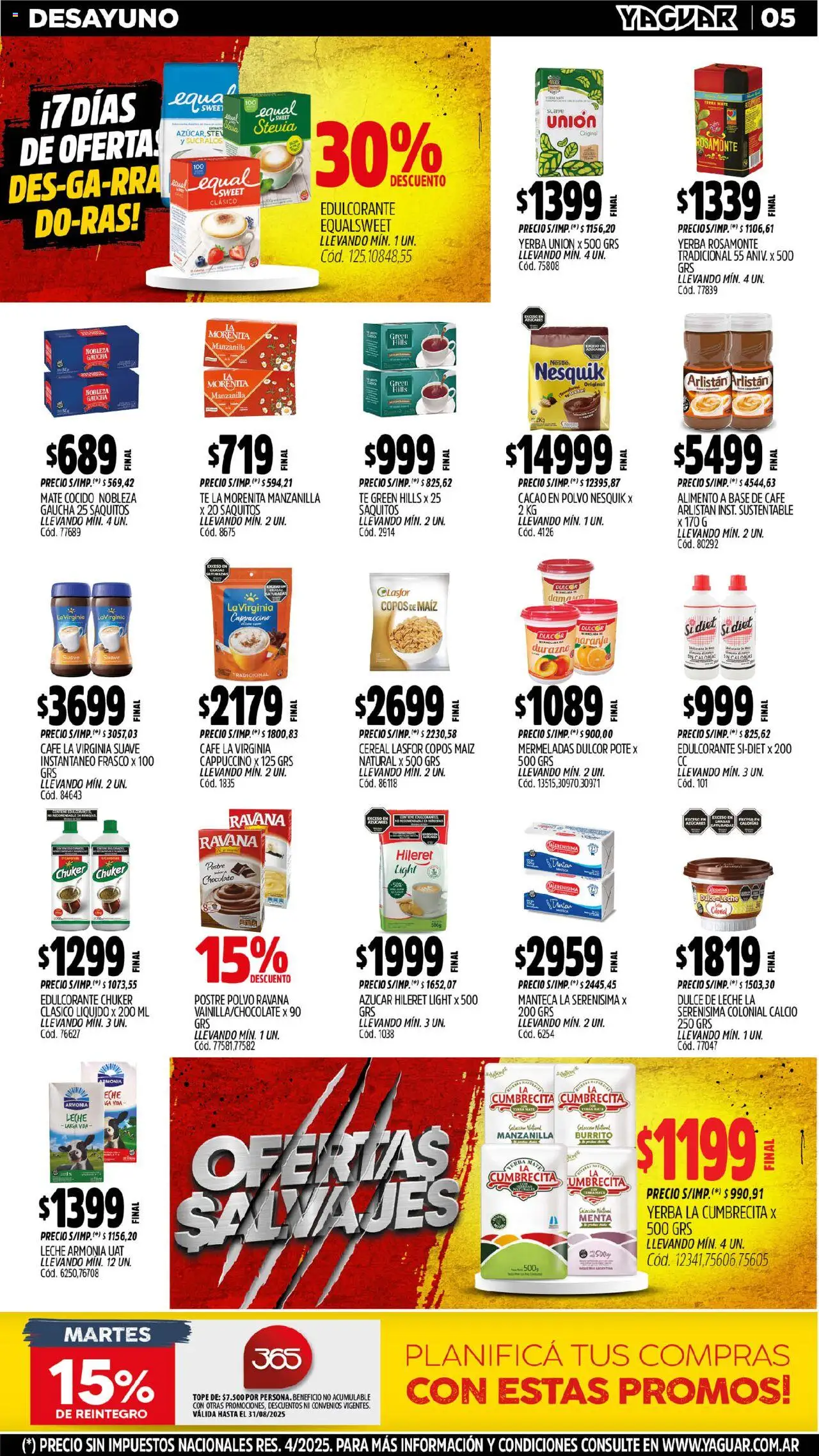 Yaguar - Trelew │ válido desde el 04.08.2025 | Página: 5 | Productos: Edulcorante, Manteca, Café, Té