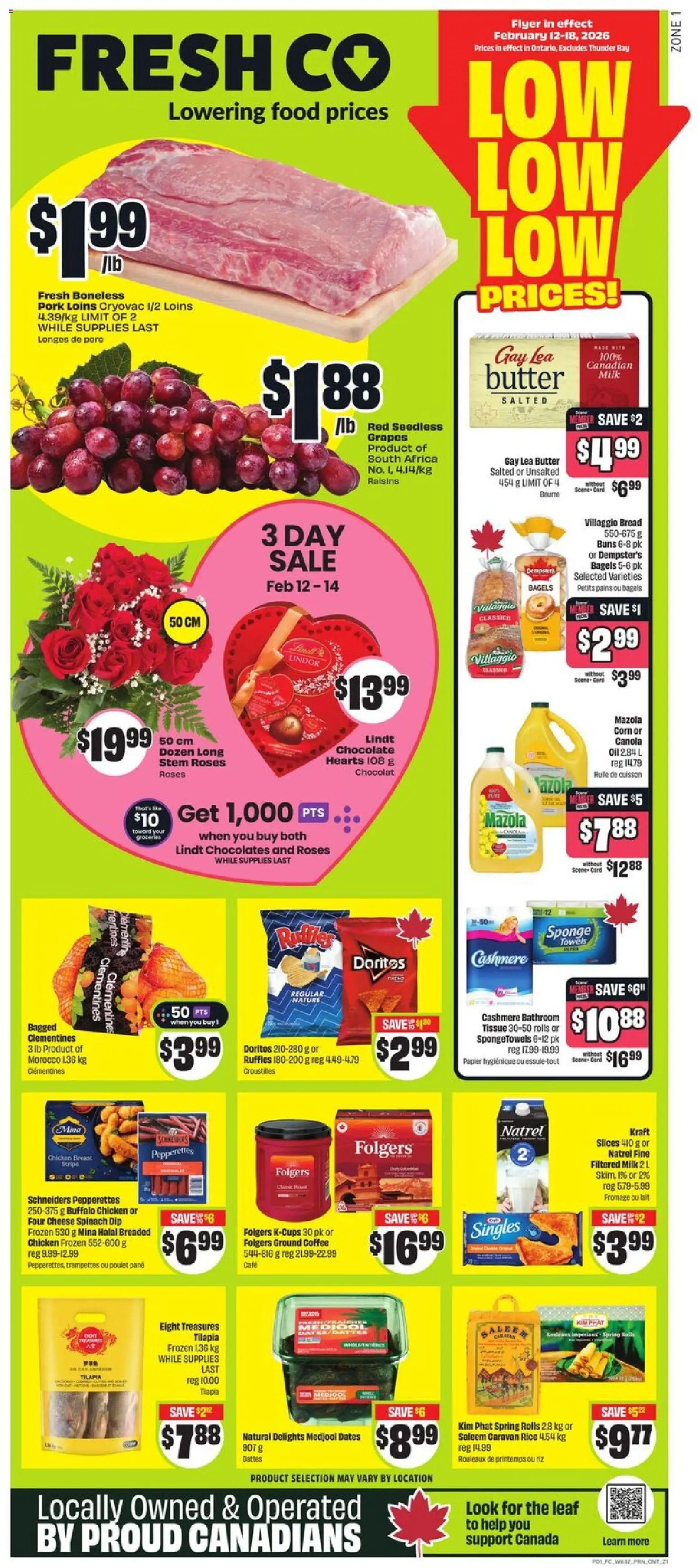 FreshCo flyer valid from 12.02.2026 | Page: 1 | Products: Rice, Butter, Cheese, Pork