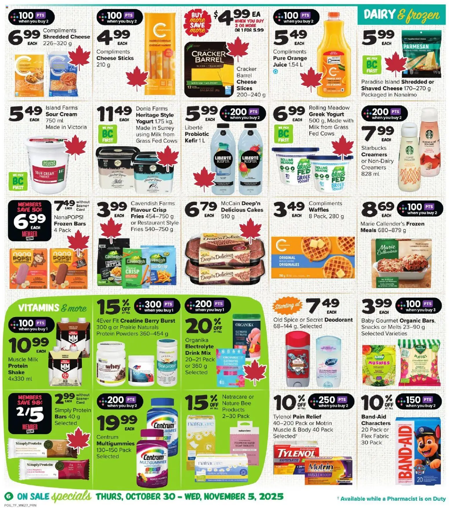 Thrifty Foods flyer valid from 30.10.2025 | Page: 7 | Products: Cream, Deodorant, Cheese, Juice