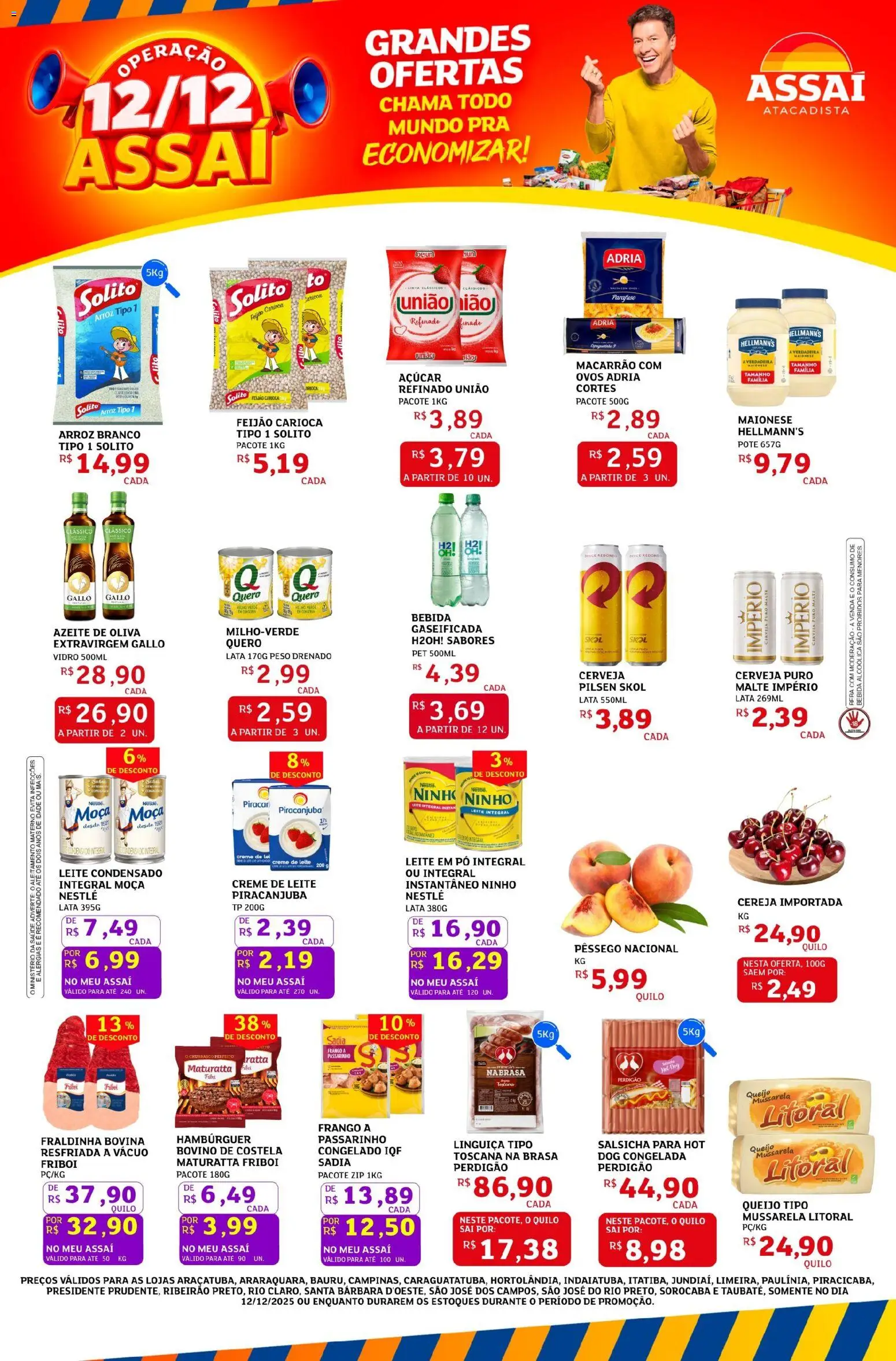 Assaí Atacadista Folheto - válido de 12.12.2025 | Página: 1 | Produtos: Mussarela litoral, Cerveja, Hambúrguer, Leite em pó
