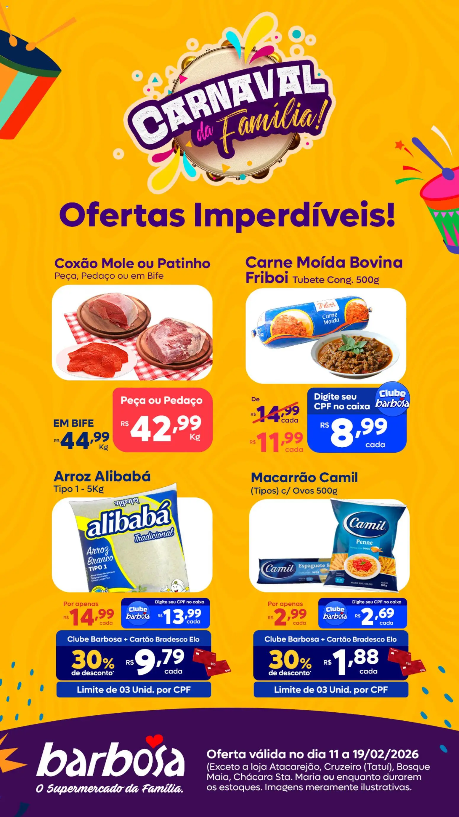 Barbosa Supermercados Folheto - válido de 11.02.2026 | Página: 1 | Produtos: Ovos, Macarrão, Carne, Carne moída