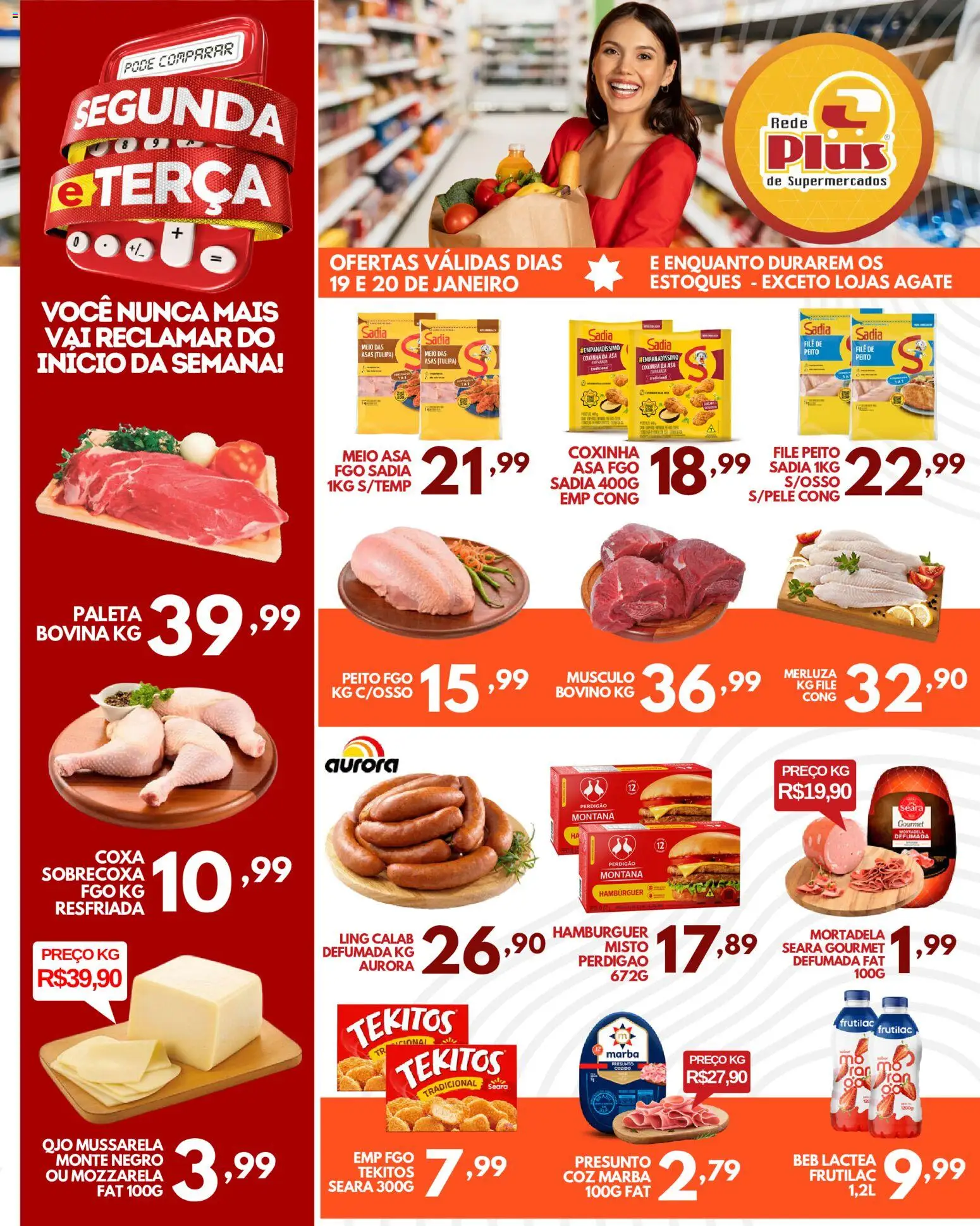 Rede Plus Supermercados Folheto - válido de 19.01.2026 | Página: 1 | Produtos: Presunto, Mortadela, Hambúrguer, Mussarela