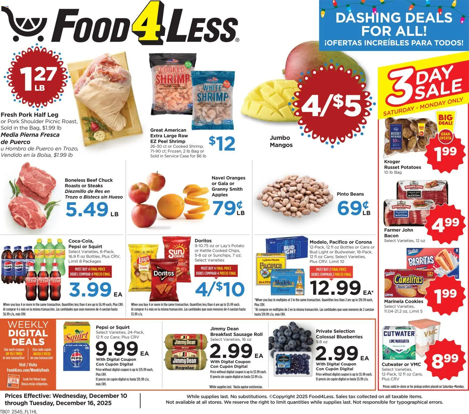 Food 4 Less Weekly Ad - valid from 10.12.2025 | Page: 1 | Products: Oranges, Potatoes, Sausage, Blueberries