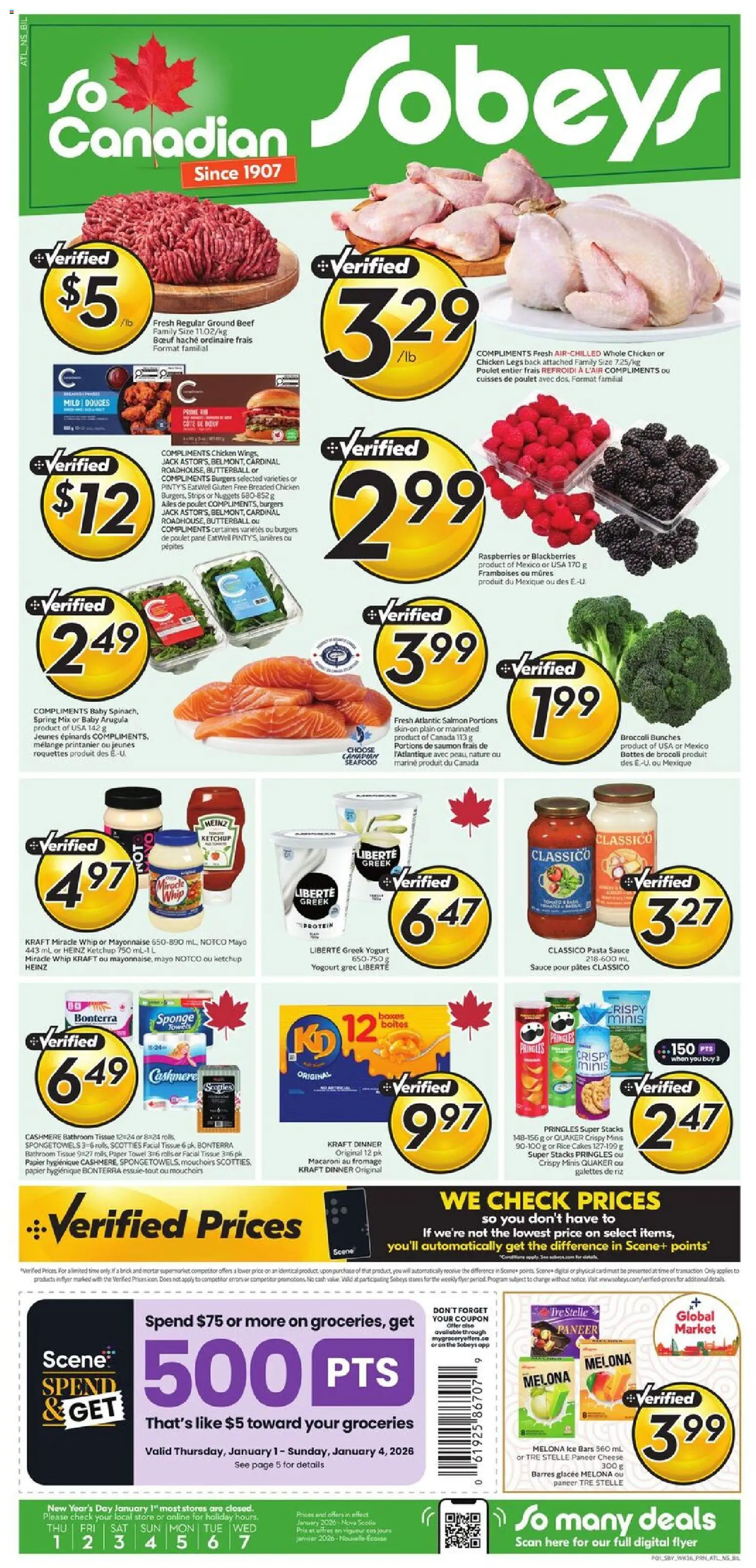 Sobeys flyer valid from 01.01.2026 | Page: 1 | Products: Beef, Cheese, Yogurt, Chicken