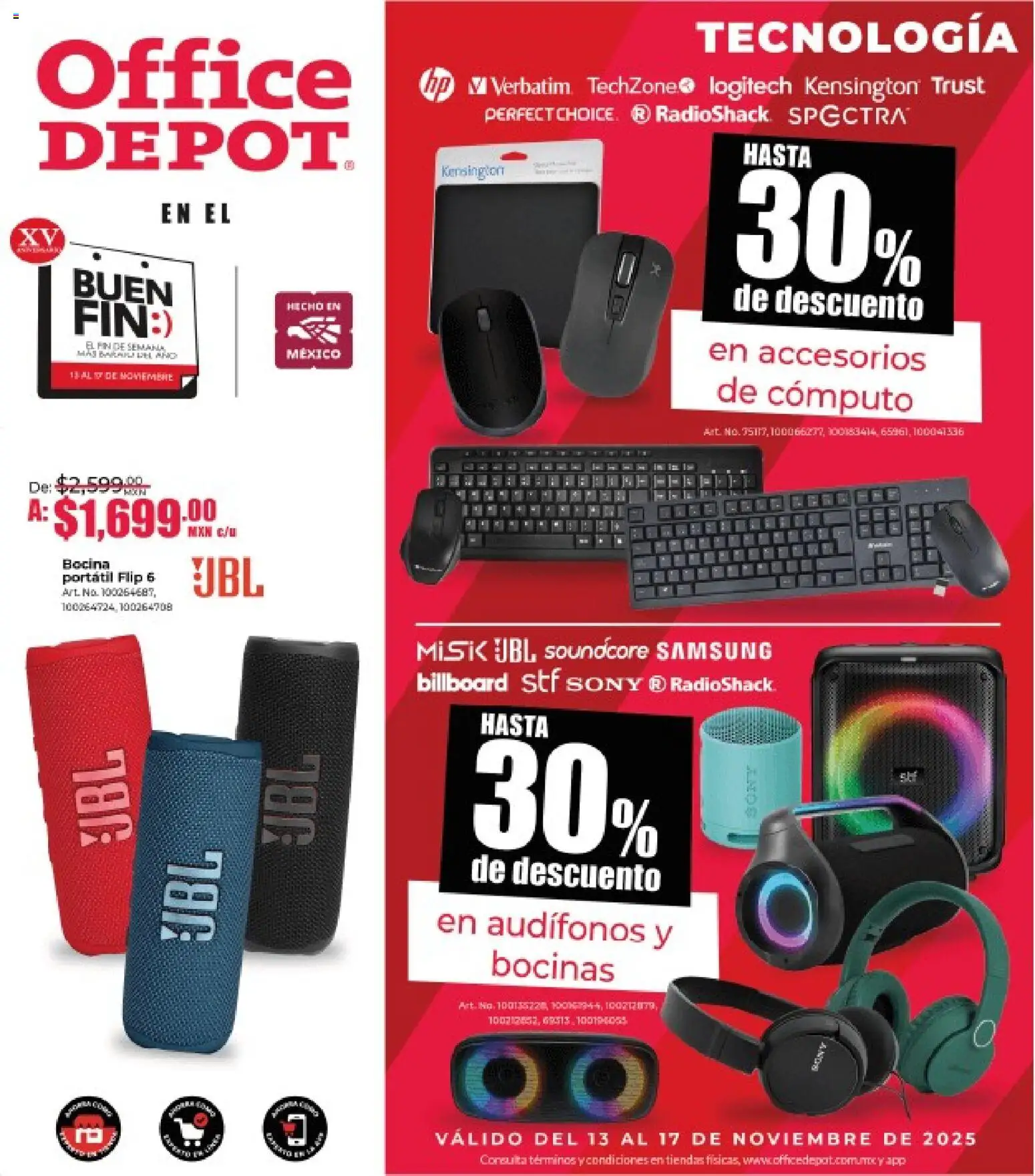Nuevas ofertas de Office Depot válidas en toda la República Mexicana desde el 13.11.2025. ¡Encuentra las mejores ofertas en Office Depot Buen Fin! | Página: 8 | Productos: Audífonos, Bocina