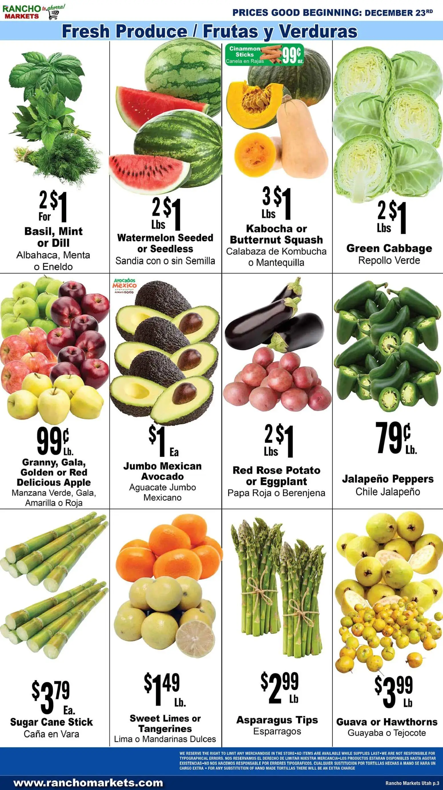 Rancho Markets Weekly Ad - valid from 23.12.2025 | Page: 3 | Products: Peppers, Squash, Jalapeno peppers, Tangerines