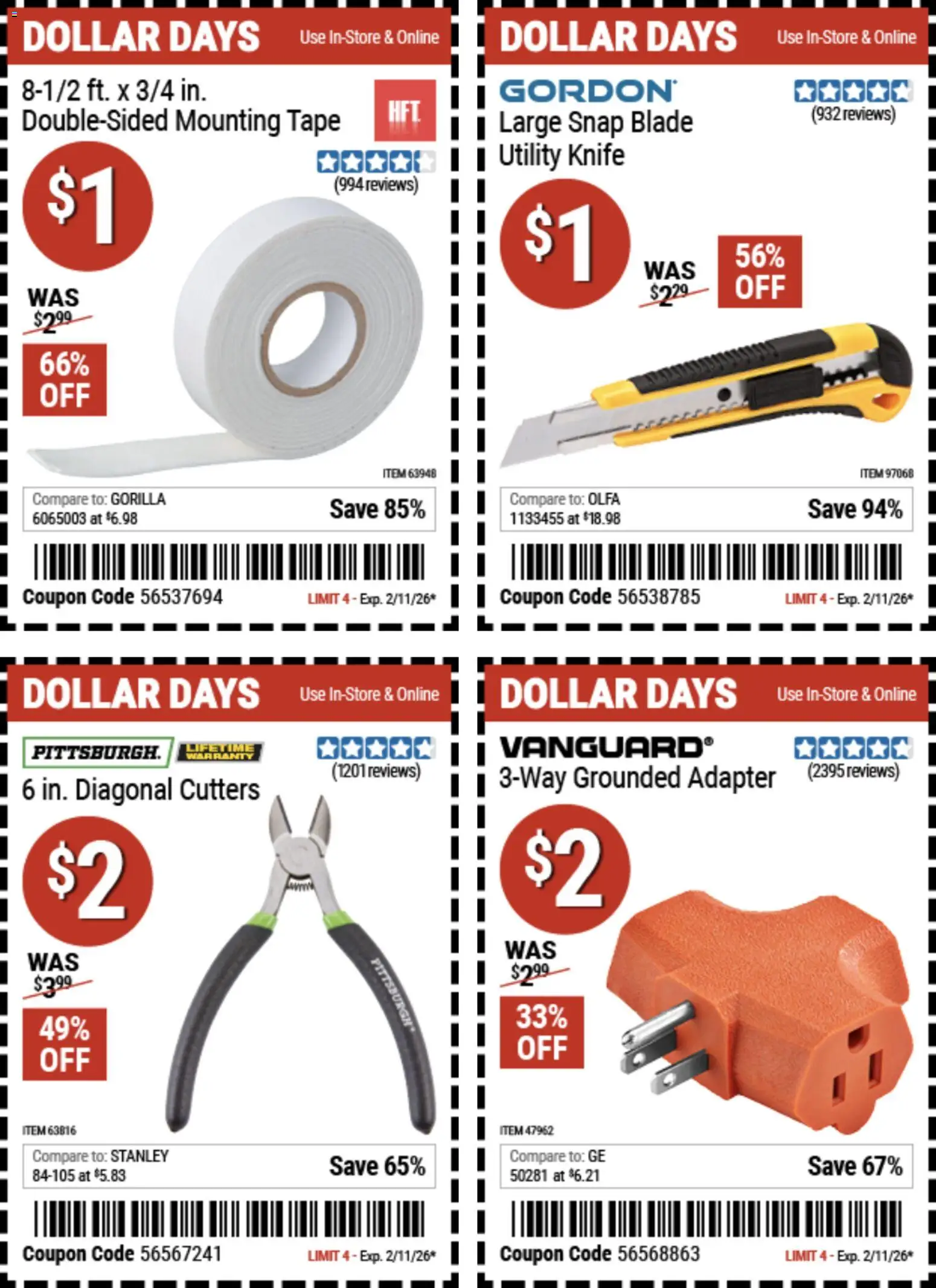 Harbor Freight Dollar Days - valid from 29.01.2026 | Page: 1 | Products: Utility Knife, Adapter
