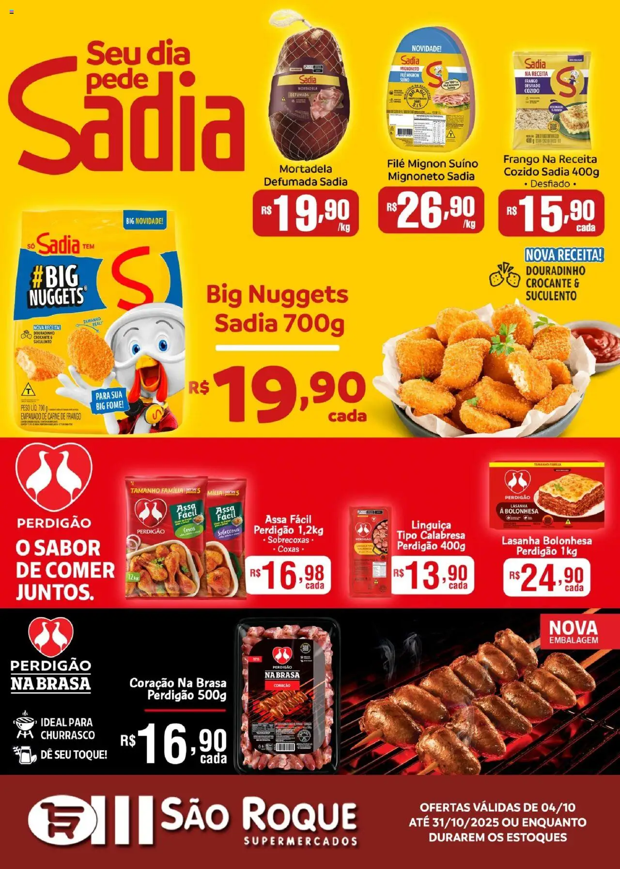 São Roque Supermercados Folheto - válido de 04.10.2025 | Página: 1 | Produtos: Linguiça, Carne de frango, Carne, Lasanha