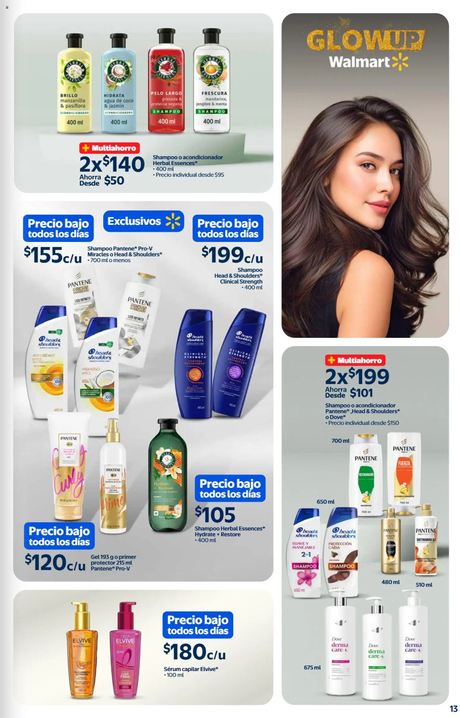 Nuevas ofertas de Walmart válidas en toda la República Mexicana desde el 13.03.2026. ¡Encuentra las mejores ofertas en Walmart folleto Belleza natural a precios bajos! | Página: 13 | Productos: Serum, Agua, Brillo, Acondicionador