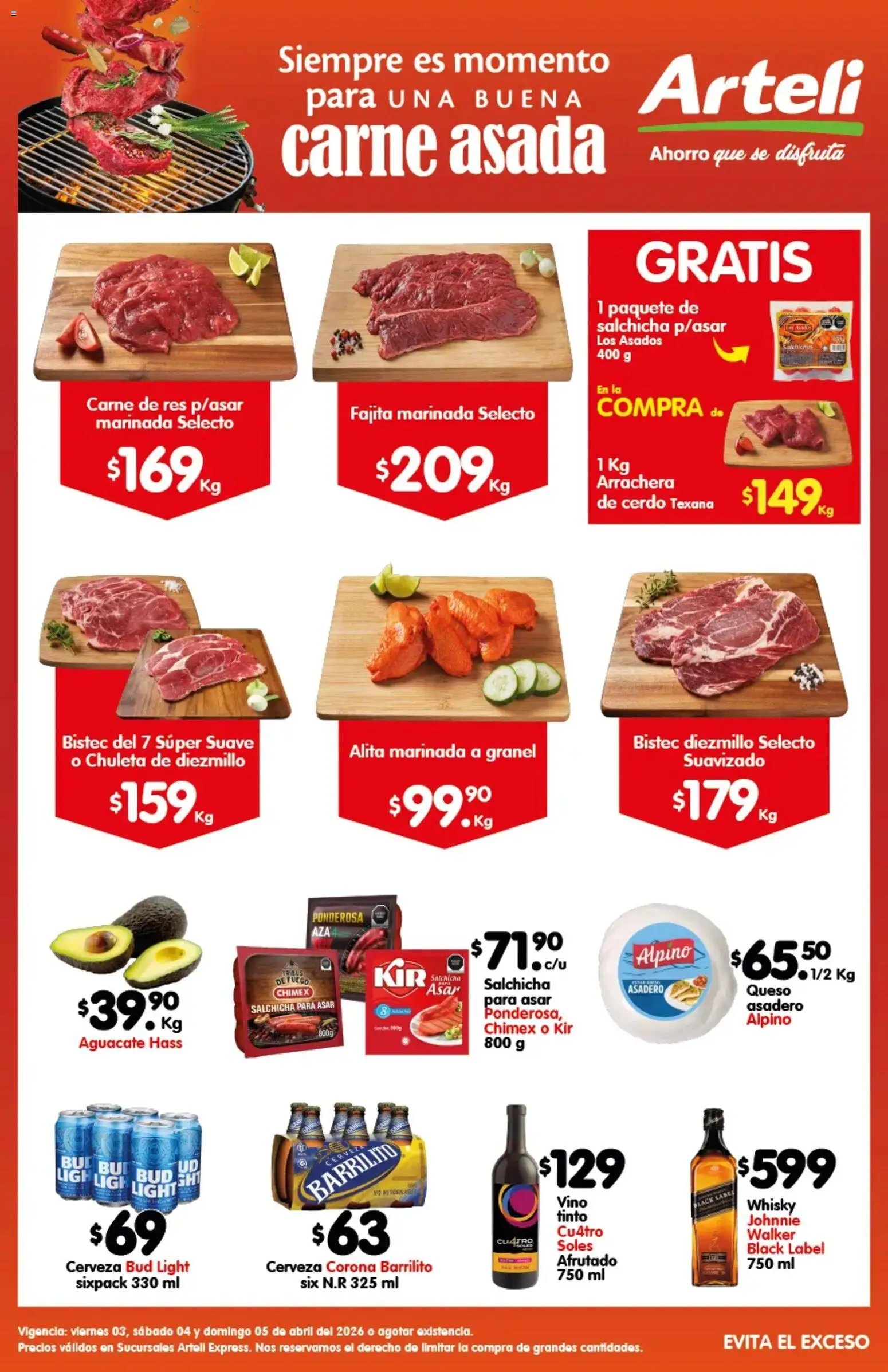 Nuevas ofertas de Arteli válidas en toda la República Mexicana desde el 03.04.2026. ¡Encuentra las mejores ofertas en Arteli folleto Carne Express! | Página: 1 | Productos: Salchicha, Cerveza, Cerdo, Res