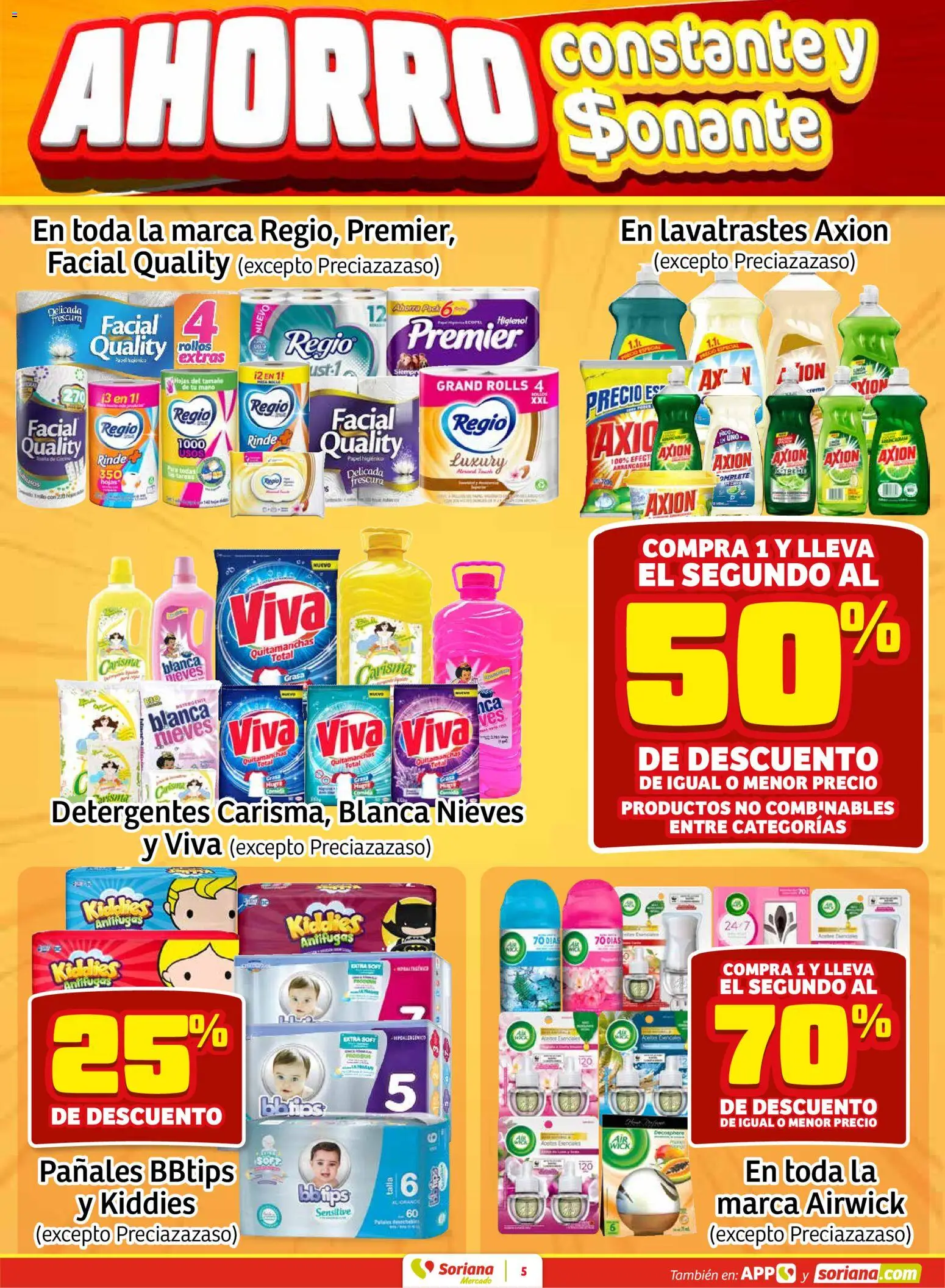Nuevas ofertas de Soriana válidas en toda la República Mexicana desde el 12.03.2026. ¡Encuentra las mejores ofertas en Soriana - Fin de Semana Mercado: Ver, Tab, Chis, Camp, Yuc y Q. Roo! | Página: 5 | Productos: Quitamanchas, Crema, Pañales, Papel higiénico