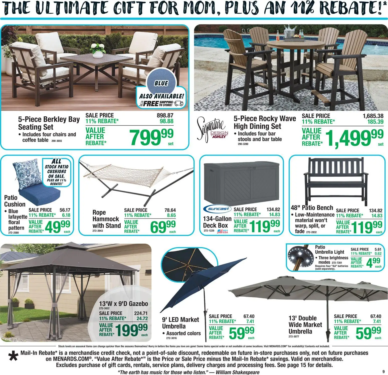 Menards Weekly Ad - valid from 30.04.2026 | Page: 11 | Products: Coffee table, Table, Coffee, Umbrella