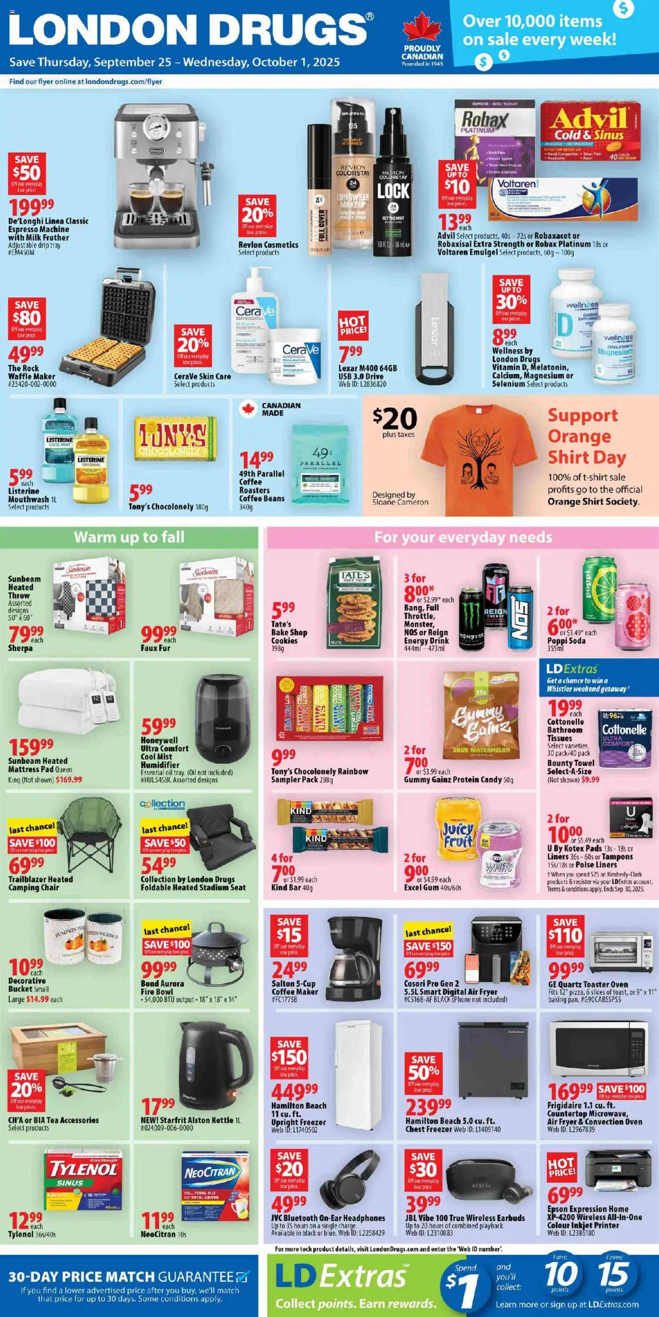 London Drugs flyer valid from 25.09.2025 | Page: 1 | Products: Mattress, Chair, Milk, Coffee