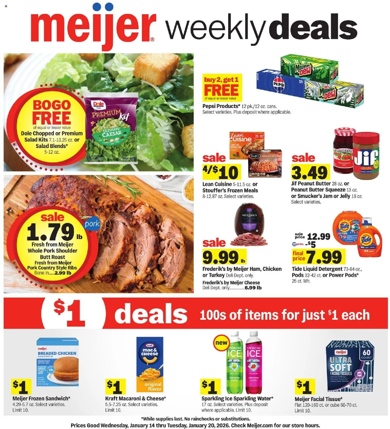 Meijer Weekly Ad - MI - valid from 14.01.2026 | Page: 1 | Products: Butter, Pork, Detergent, Sugar