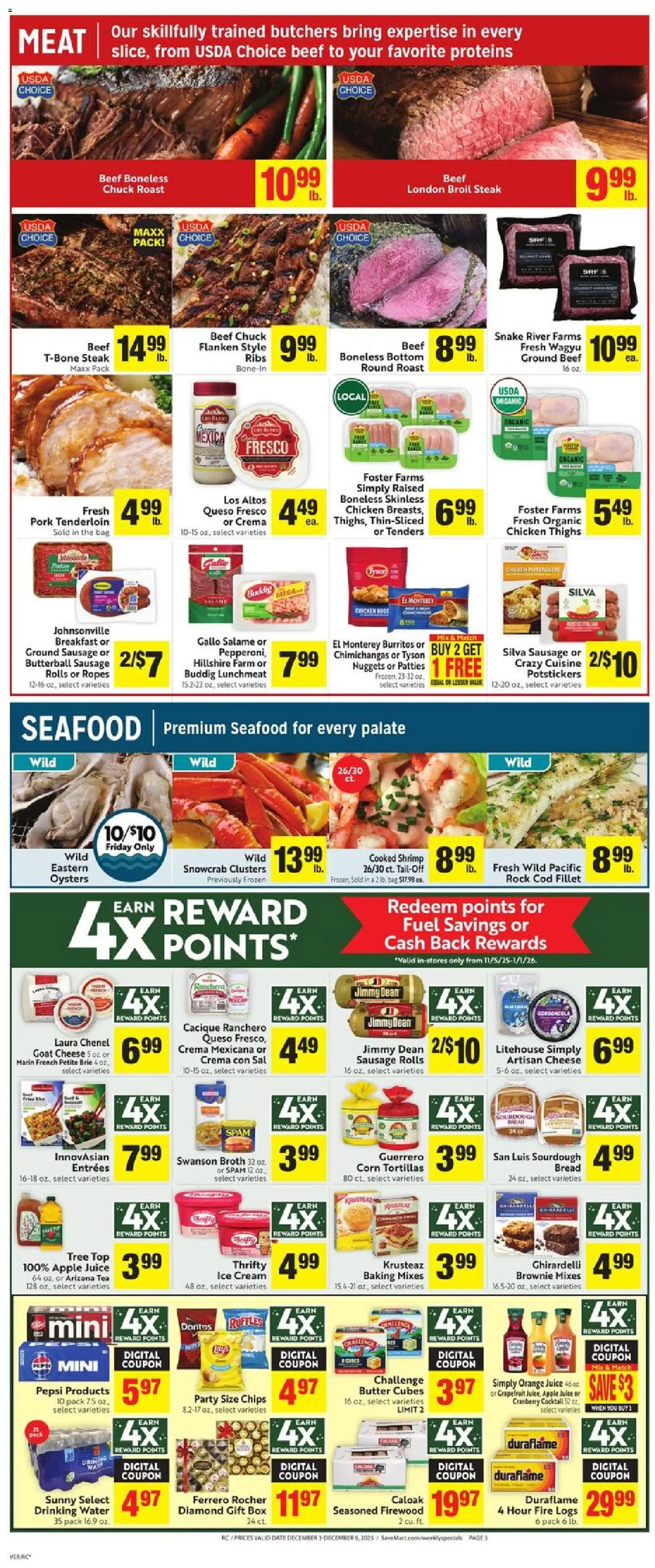 Save Mart Weekly Ad - valid from 03.12.2025 | Page: 3 | Products: Pork, Chips, Seafood, Sausage