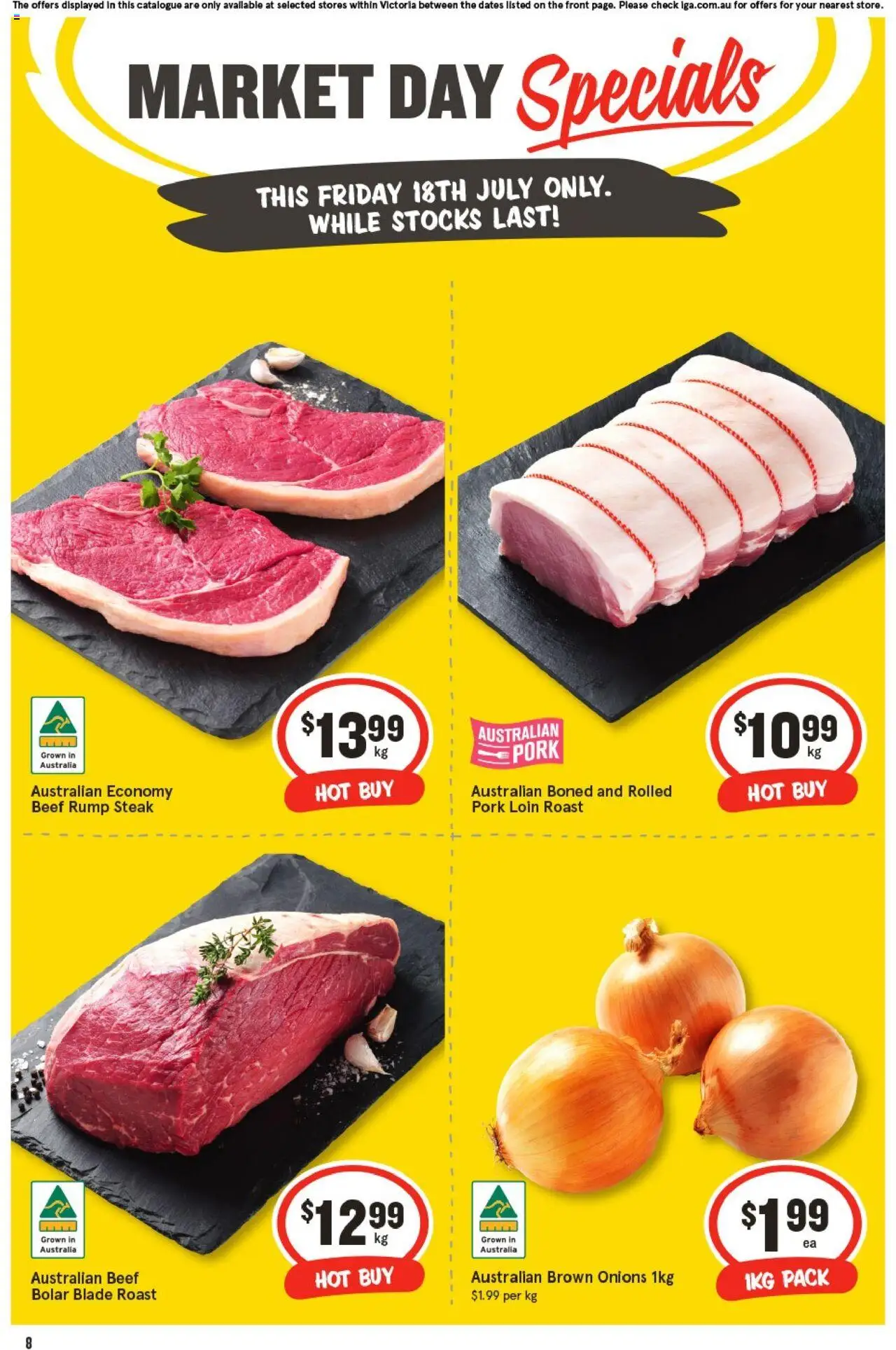 IGA catalogue - valid from 18.07.2025 | Page: 1 | Products: Pork, Beef, Onions, Steak