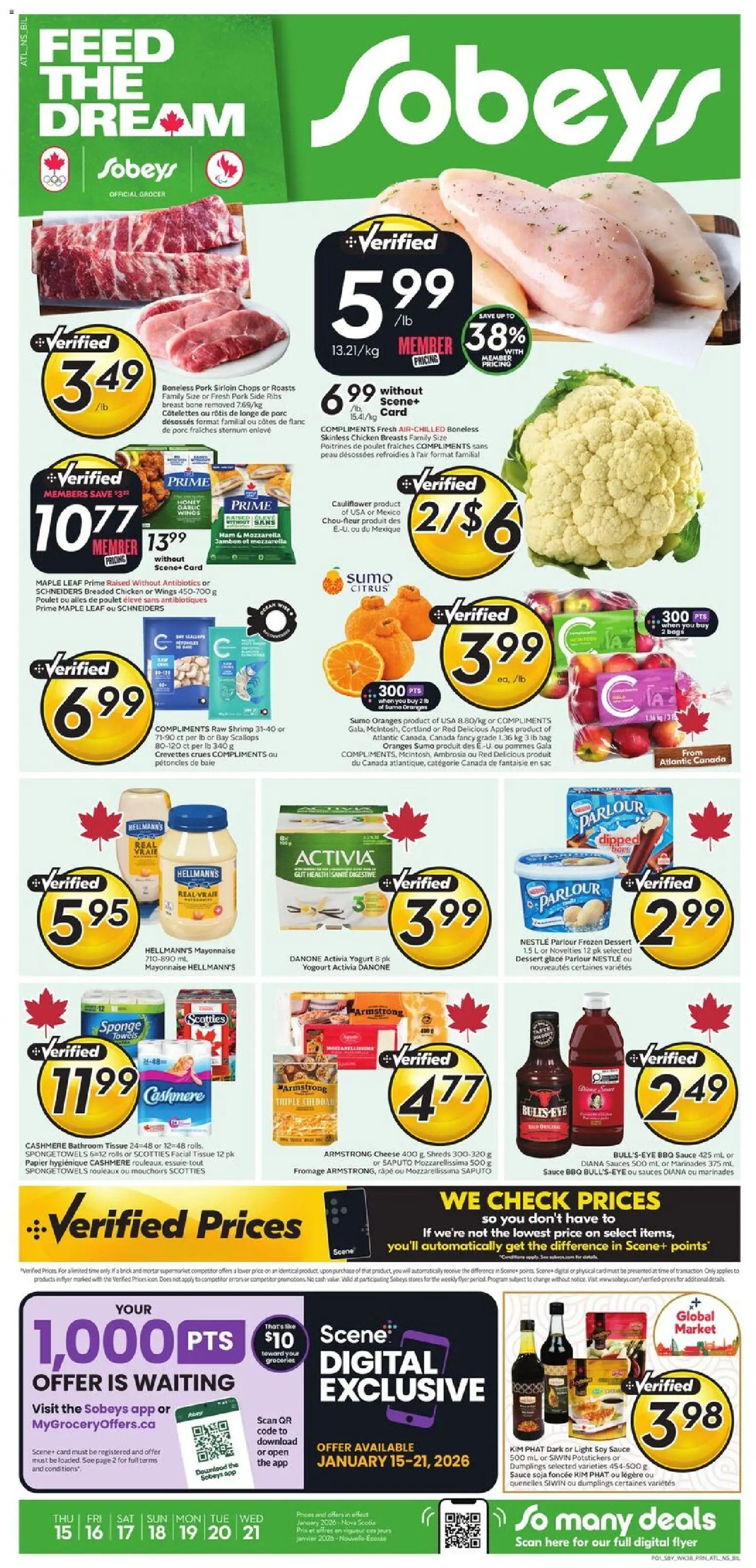 Sobeys flyer valid from 15.01.2026 | Page: 1 | Products: Chicken breasts, Sponge, Yogurt, Ham