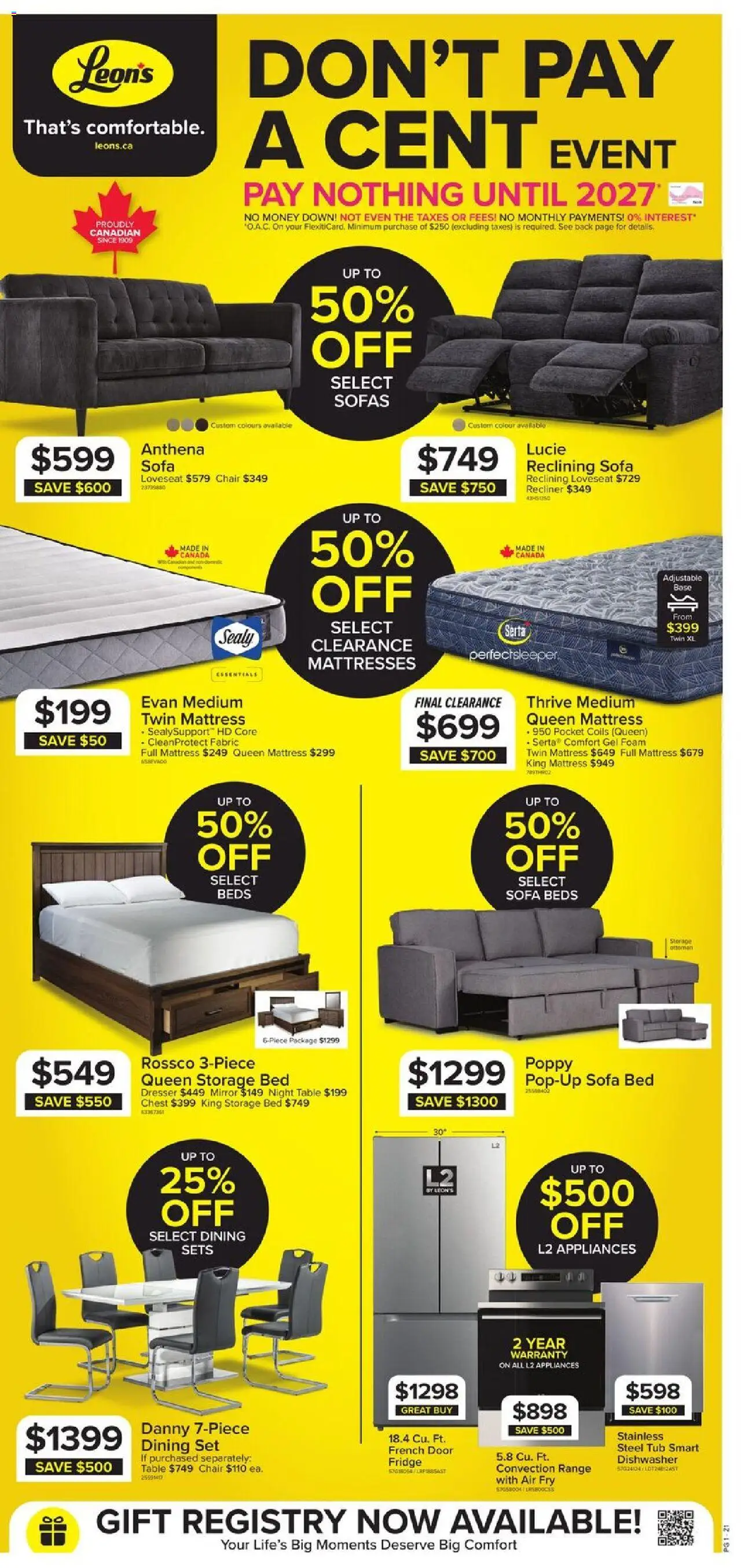 Leon's flyer valid from 14.08.2025 | Page: 1 | Products: Dishwasher, Bed, Mattress, Sofa