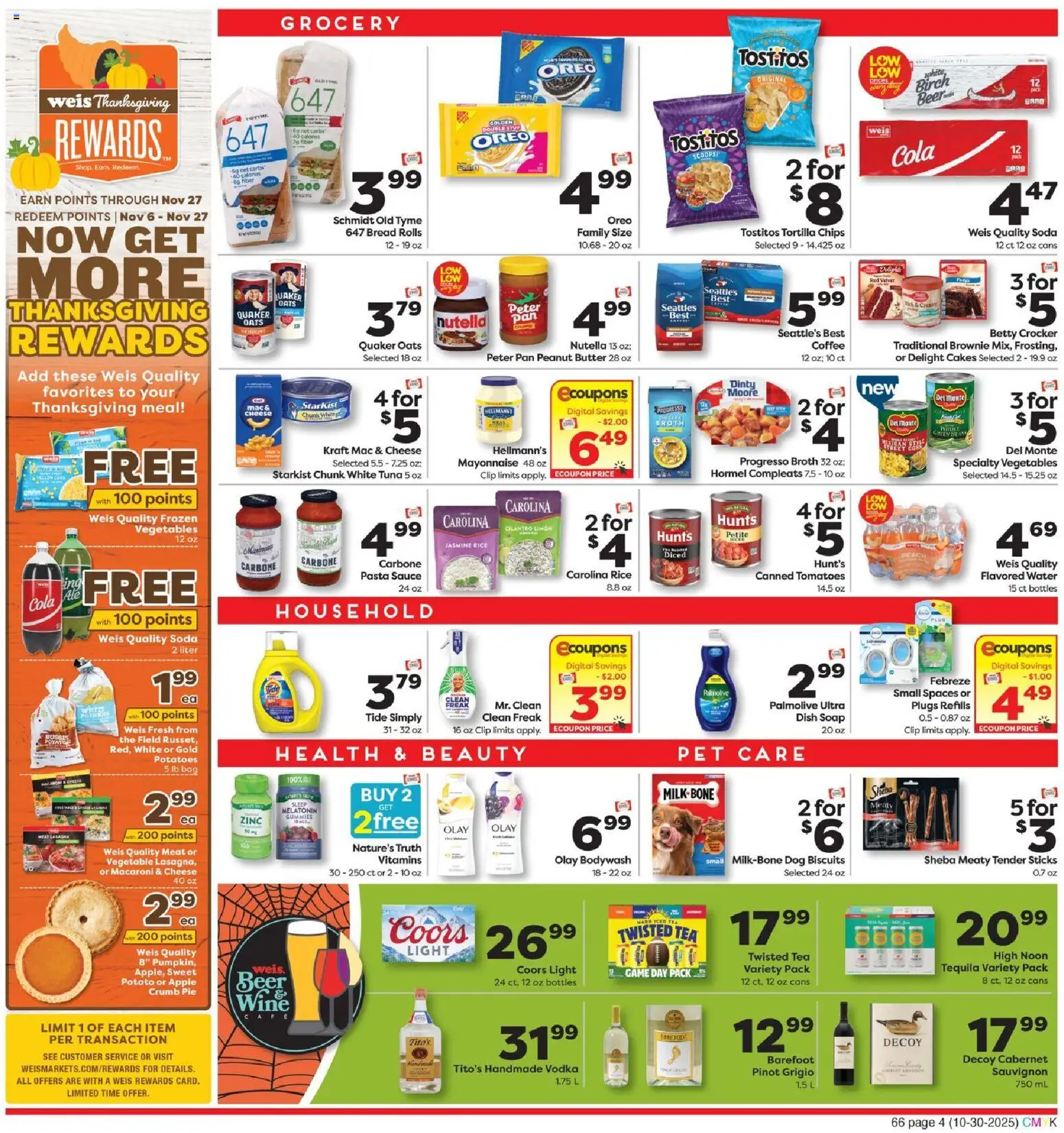 Weis Weekly Ad - valid from 30.10.2025 | Page: 4 | Products: Cheese, Bread, Vodka, Rod