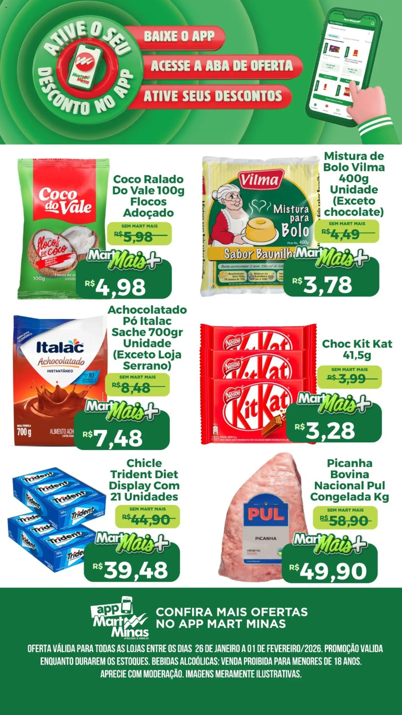 Mart Minas Folheto - válido de 26.01.2026 | Página: 6 | Produtos: Batedeira, Achocolatado, Picanha, Chocolate